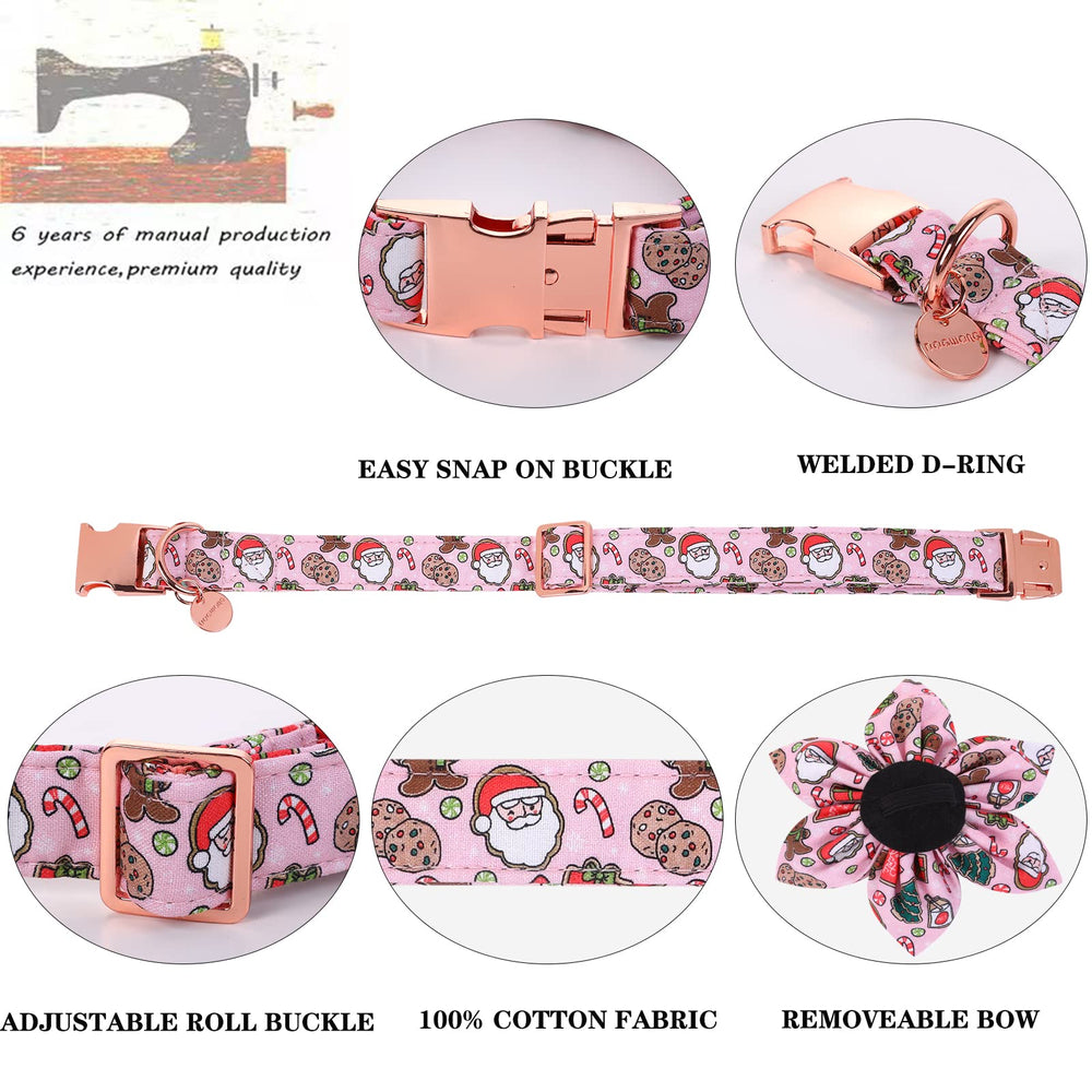 Collar DOGWONG con diseño navidad rosa y Santa; estilo festivo para perros.
