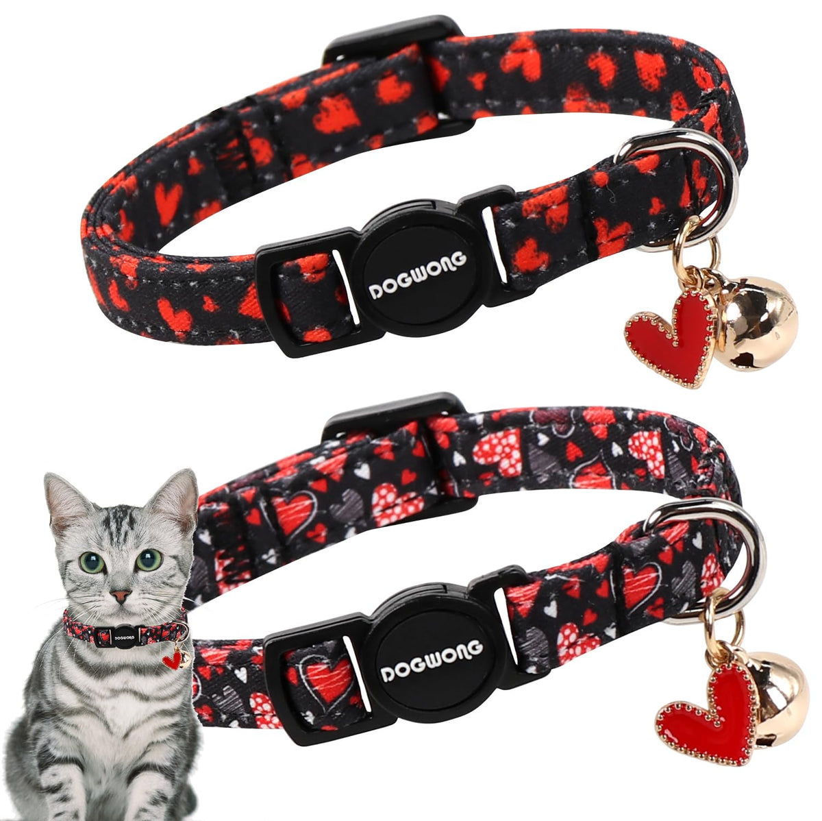 DOGWONG collar gato diseño corazón, perfecto para estilo diario y localización con campana.