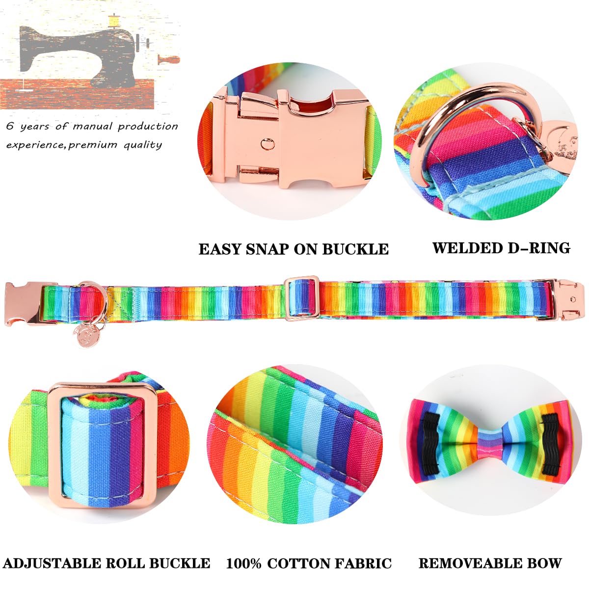 DOGWONG collar arcoíris, material de algodón suave y tacto agradable.