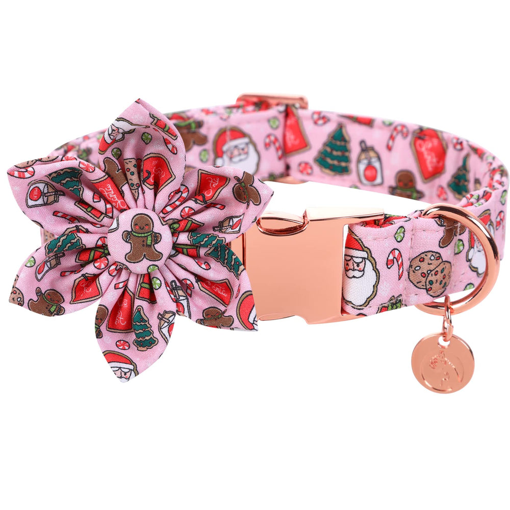 Collar DOGWONG navidad con flor rosa; ideal para fiestas y paseos festivos.