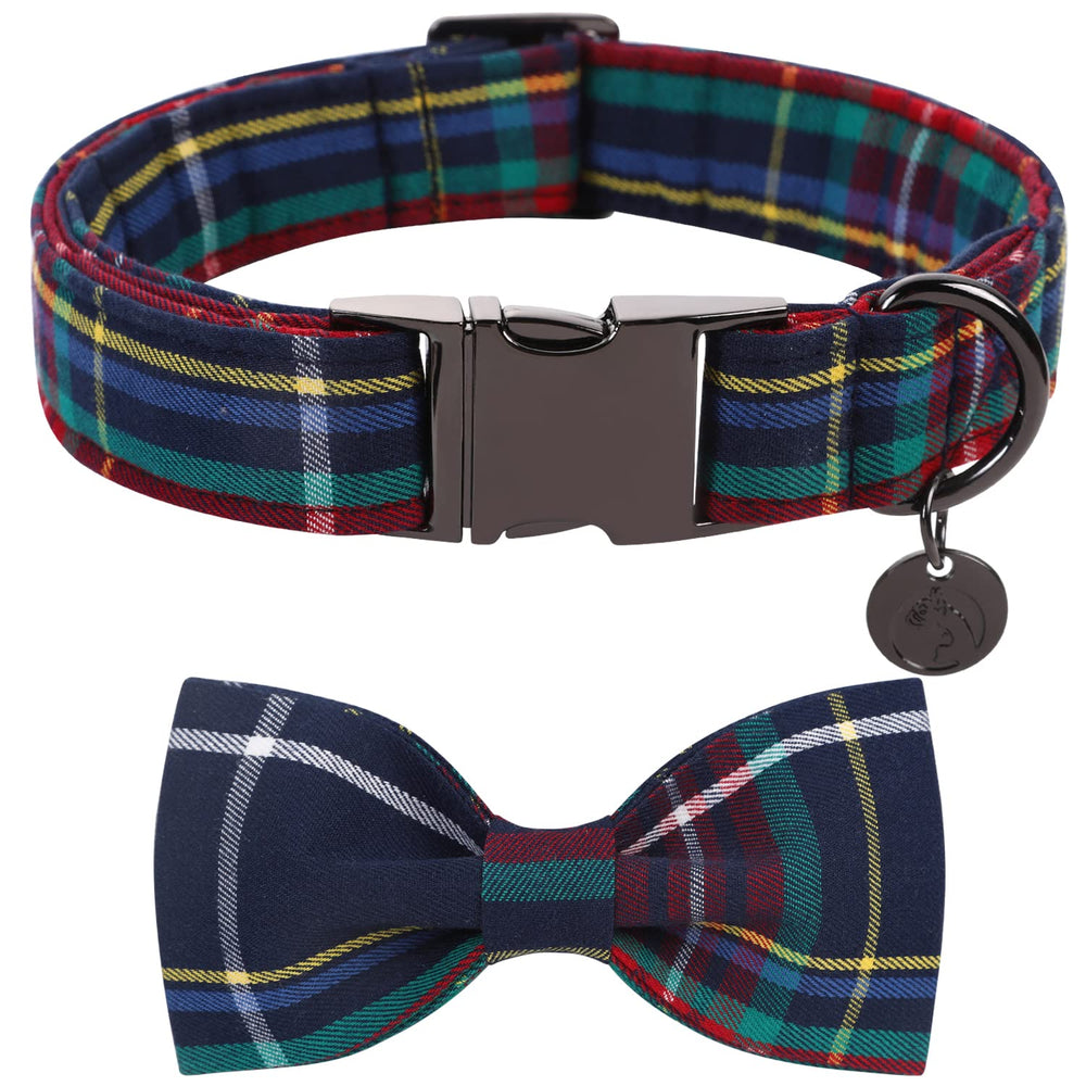DOGWONG collar navidad con lazo cuadros rojo-azul para fiestas caninas.