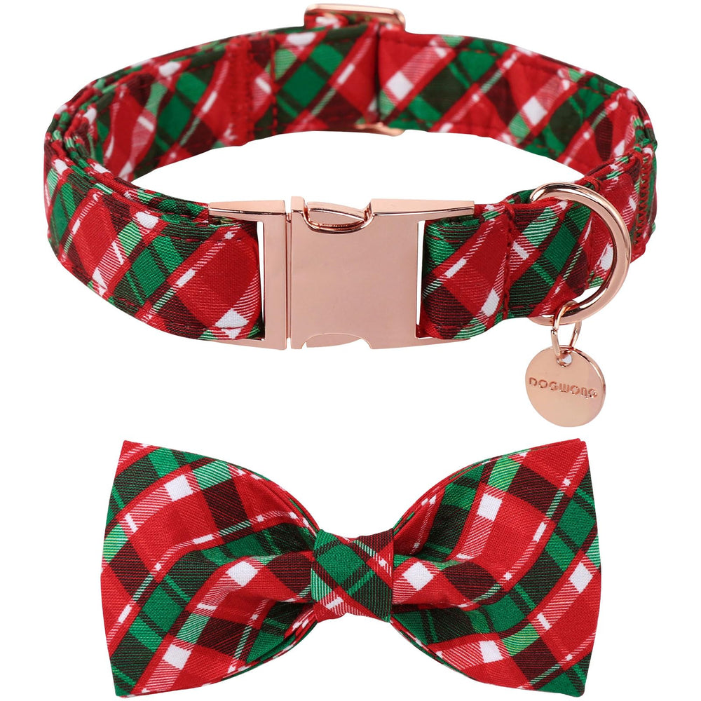 Collar DOGWONG navidad con lazo rojo y cuadros; ideal para fotos festivas.