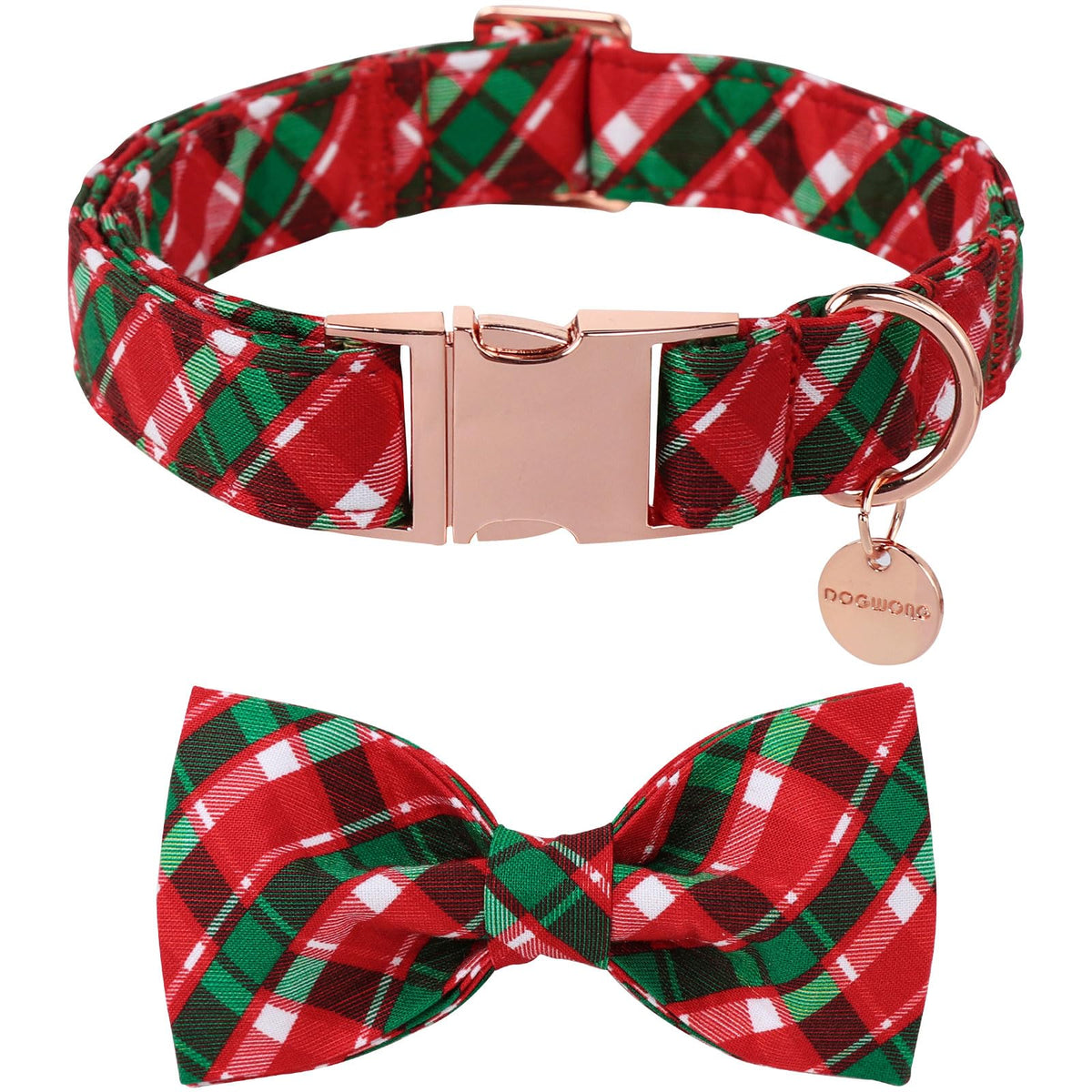 Collar DOGWONG navidad con lazo rojo y cuadros; ideal para fotos festivas.