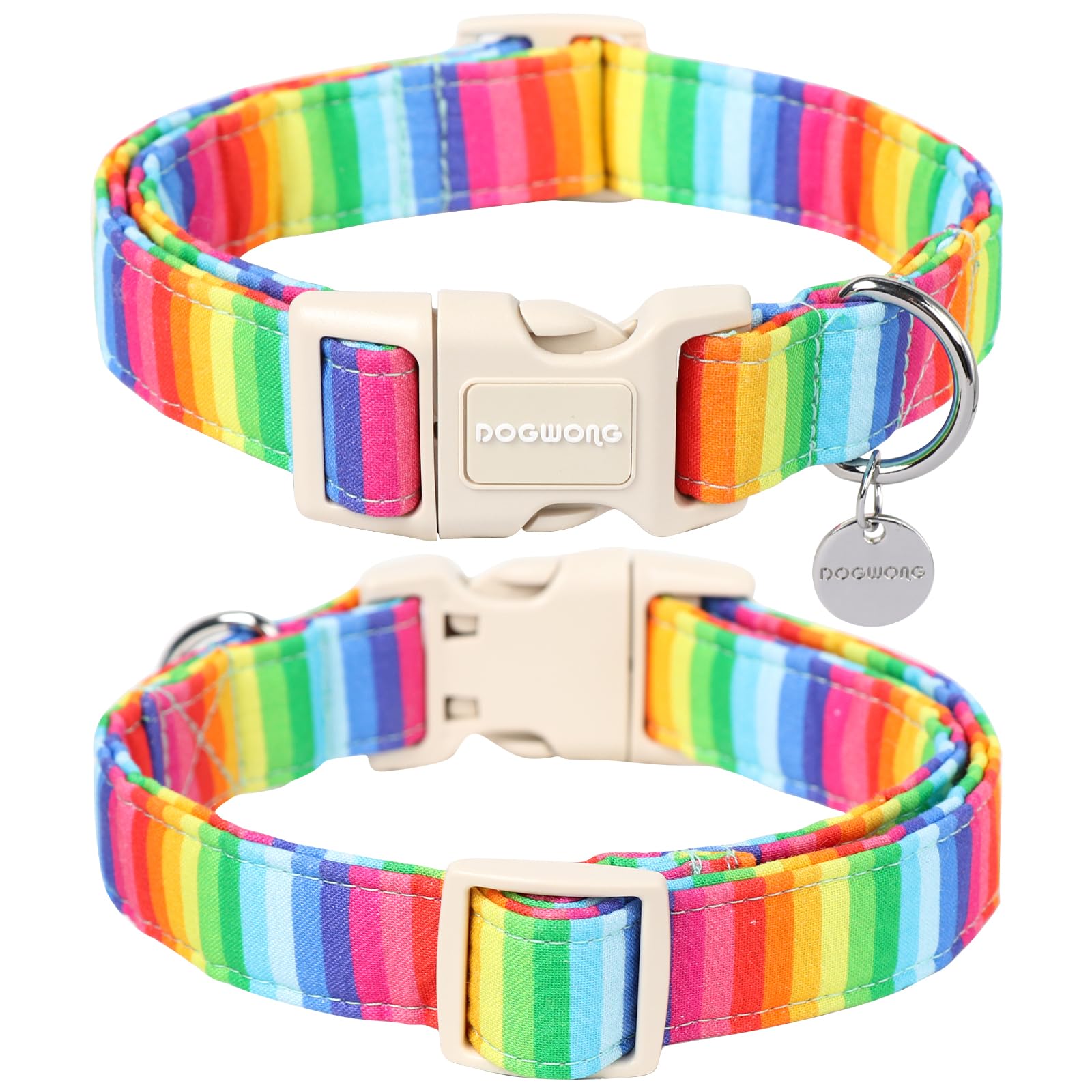 DOGWONG collar arcoíris algodón con anilla soldada para mayor durabilidad en salidas.