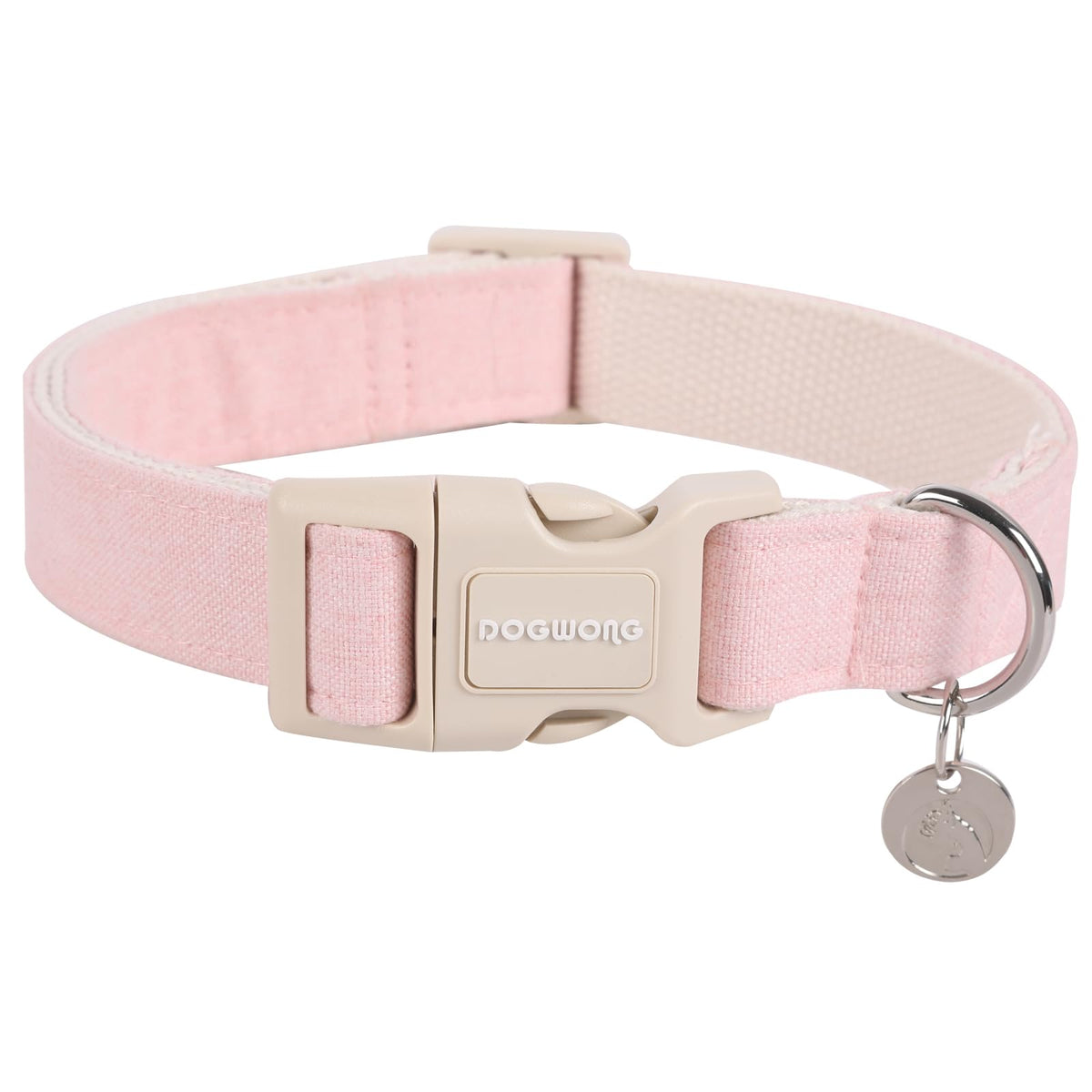 DOGWONG collar de algodón rosa ajustable visto de cerca para paseos diarios.