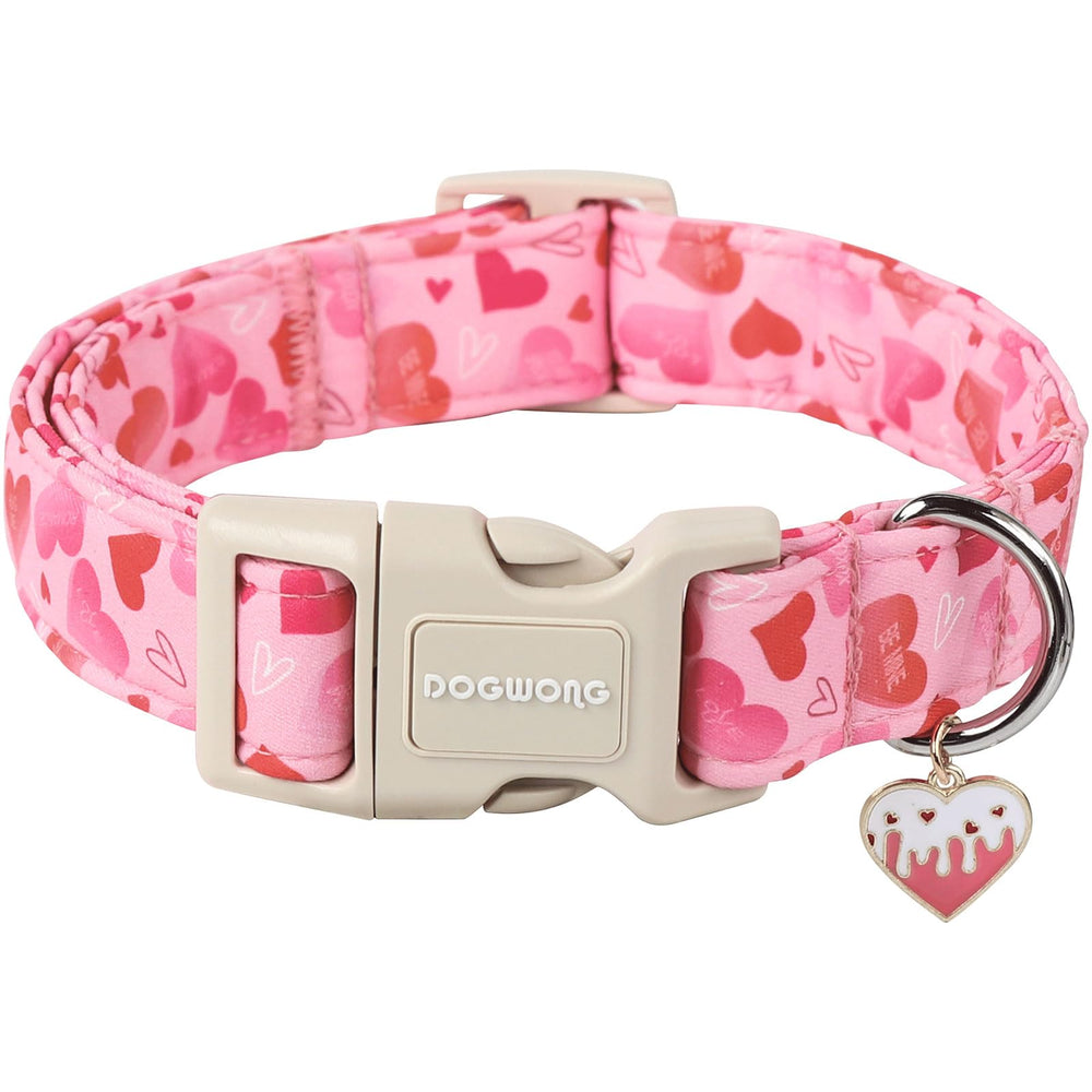 DOGWONG collar san valentín con corazones rosa, ajuste rápido para paseos cómodos.