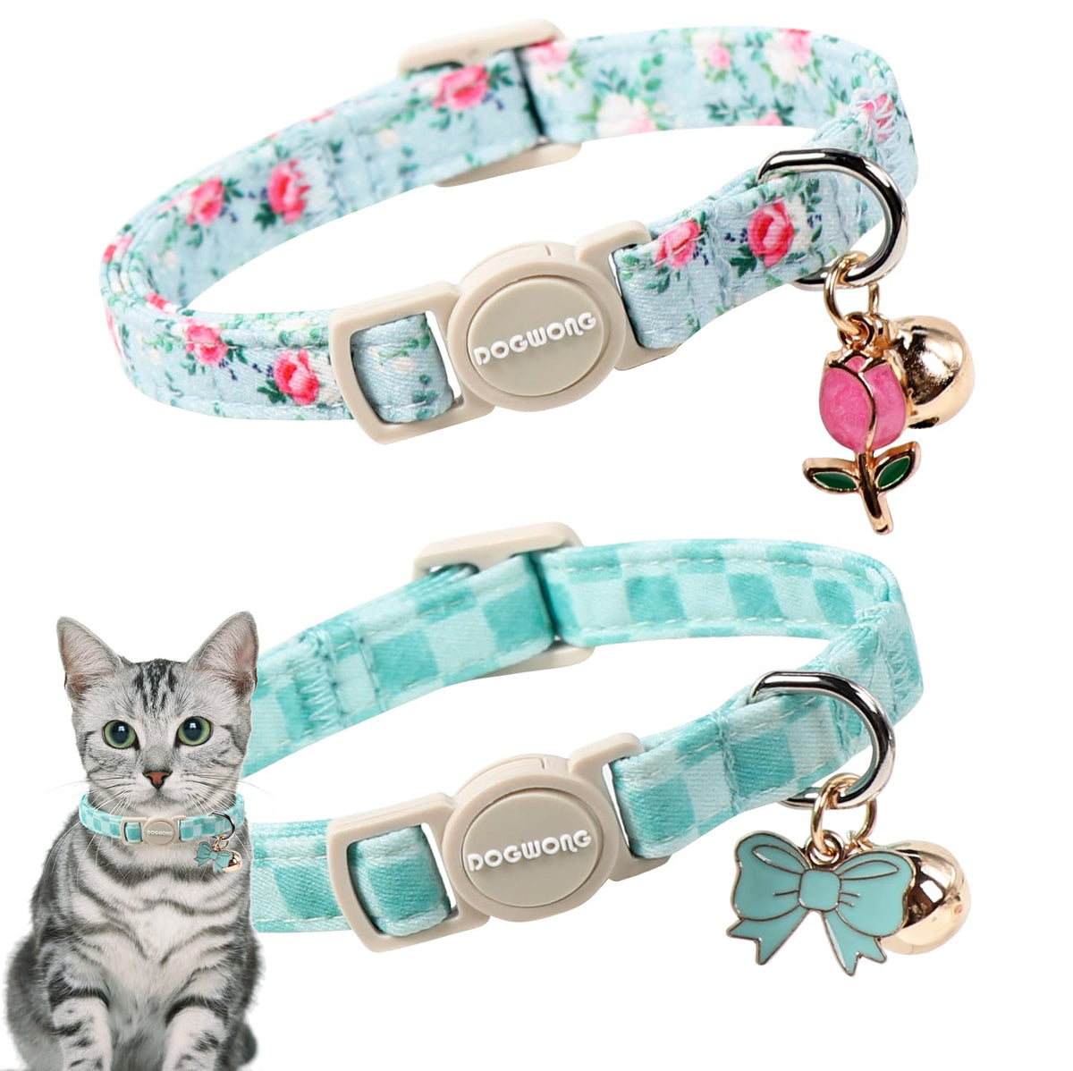 DOGWONG collar verde con flor y campana para gatos, ideal para visibilidad diaria