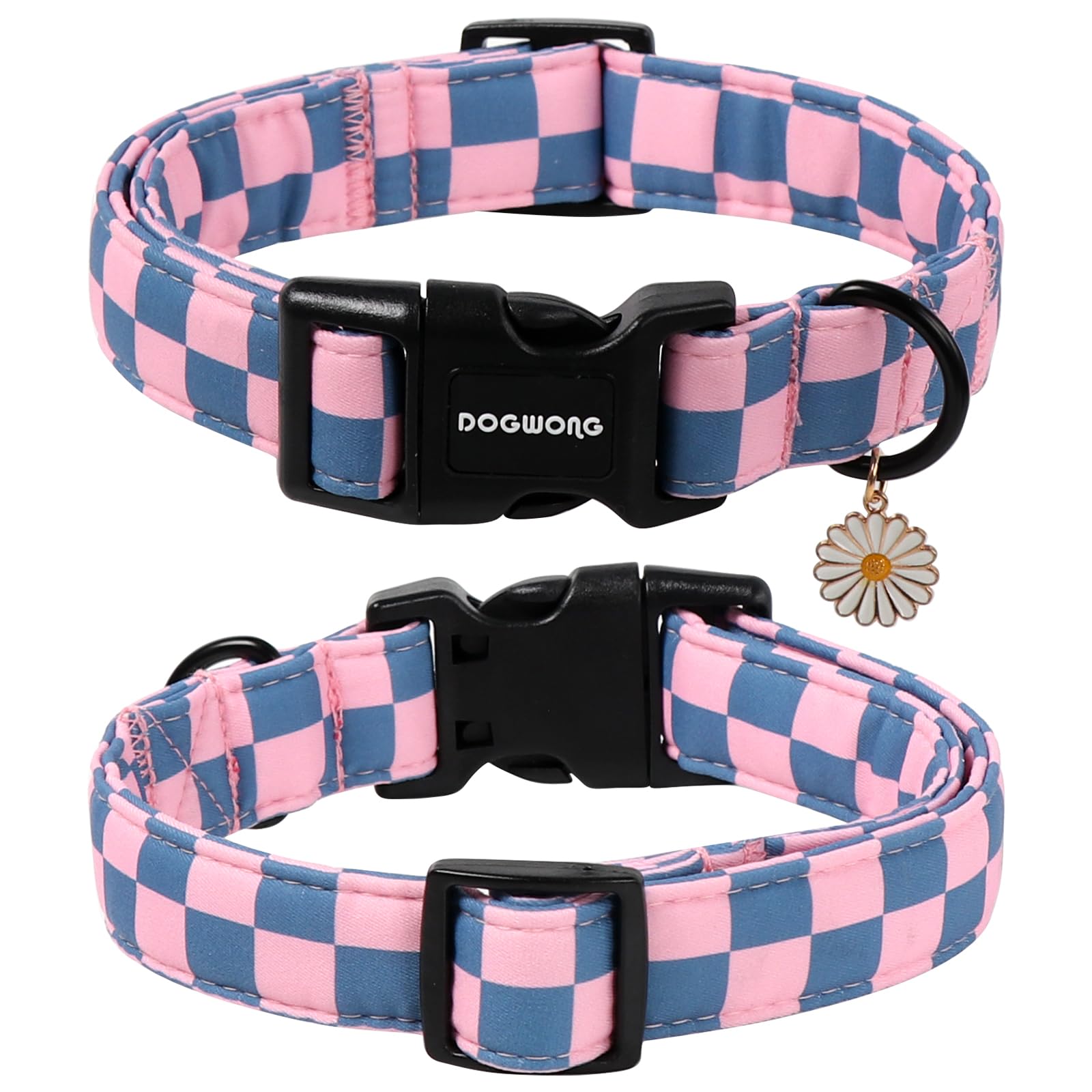 Cierre de plástico robusto en collar plaid DOGWONG para fácil puesta.