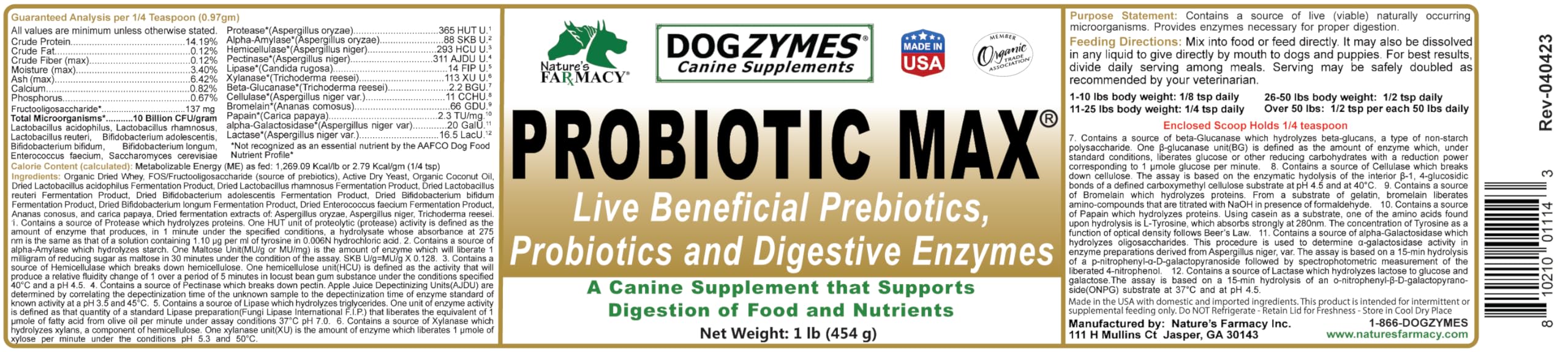 Dogzymes Probiotic Max, uso diario, muestra en envase para fácil dosificación.