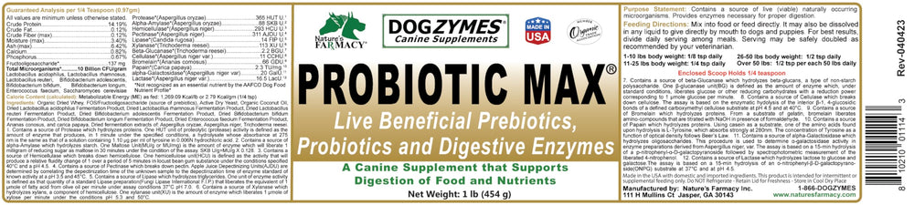 Dogzymes Probiotic Max, uso diario, muestra en envase para fácil dosificación.