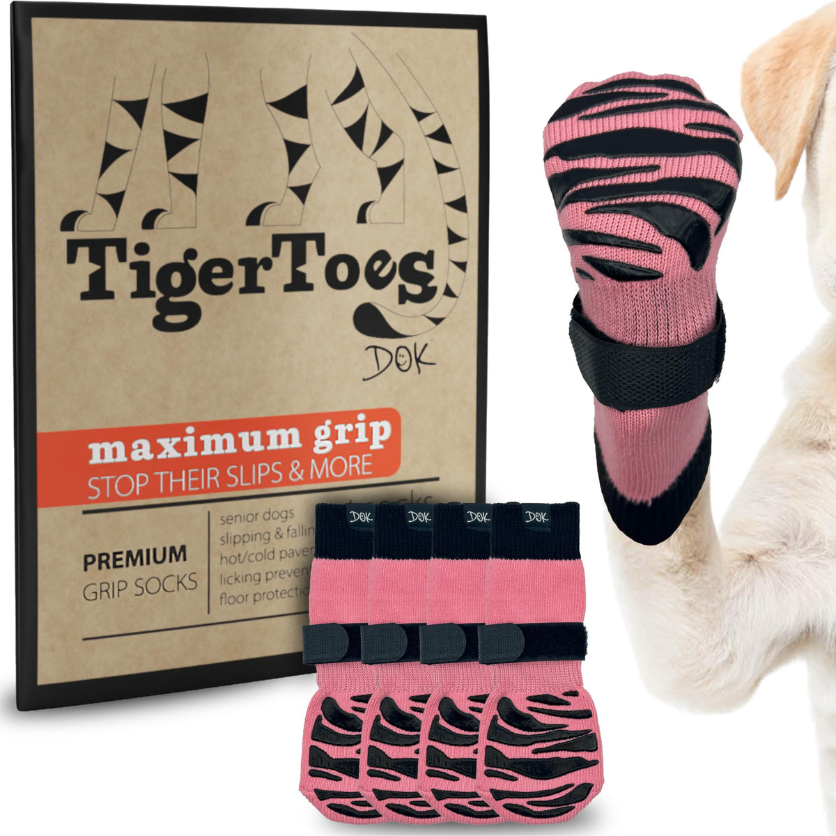 Calcetines antideslizantes DOK TigerToes en rosa intenso sobre piso de madera brindando mayor agarre