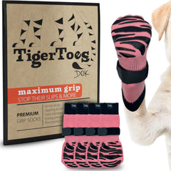 Calcetines antideslizantes Dok TigerToes para perro, talla pequena, mejoran la traccion en suelos lisos.