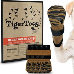 Calcetines antideslizantes DOK TigerToes para perro, agarre en madera.