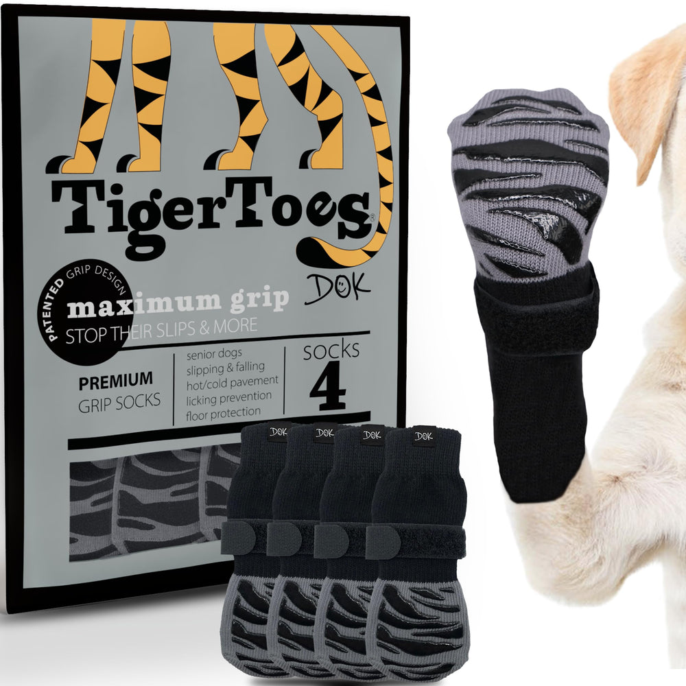 DOK TigerToes calcetines antideslizantes para perros mejoran la tracción en suelos de madera.
