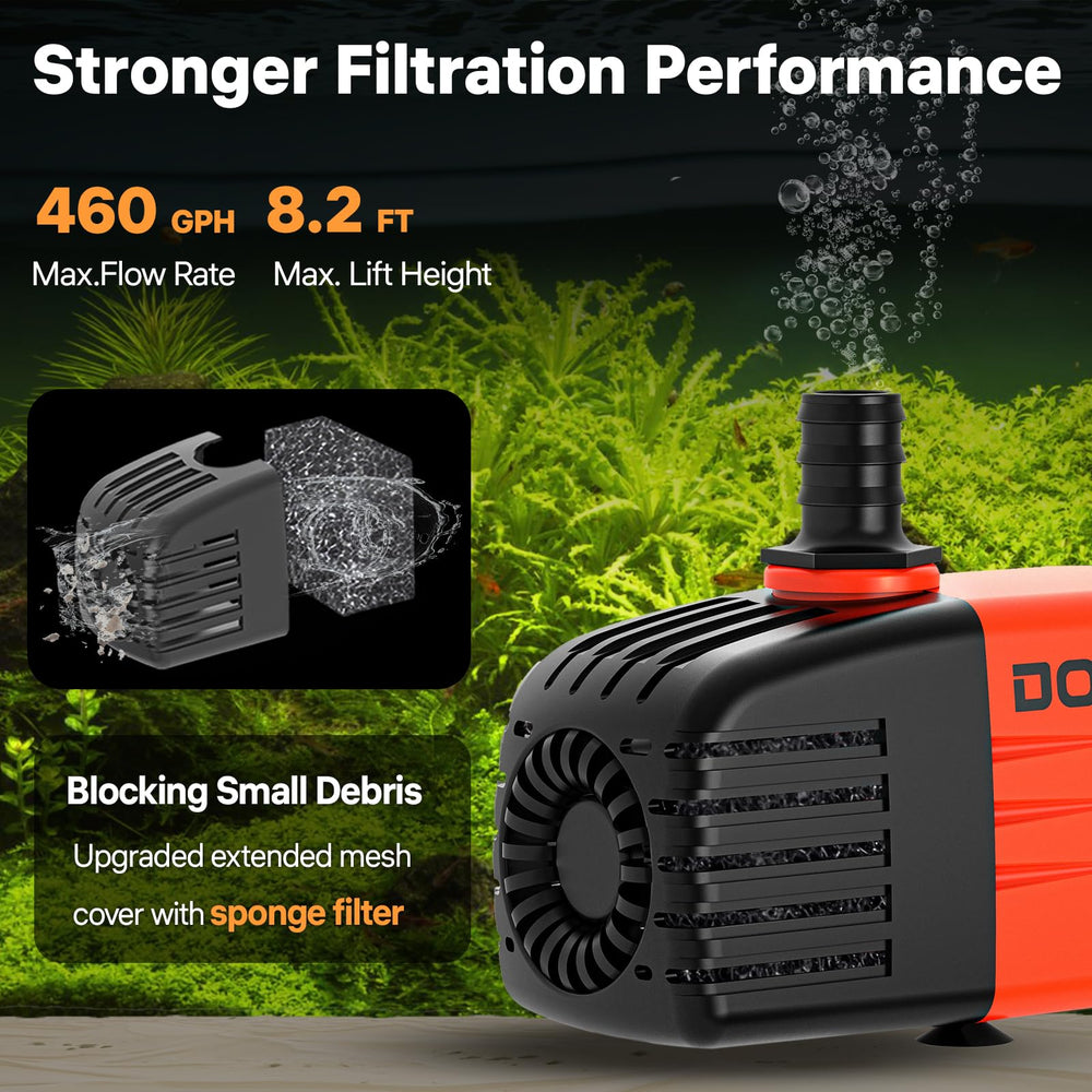 Bomba DOKO con esponja filtrante integrada para protección y flujo estable.