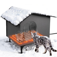 Domivans casa-gato exterior con calefactor ofrece calor suave al aire libre.
