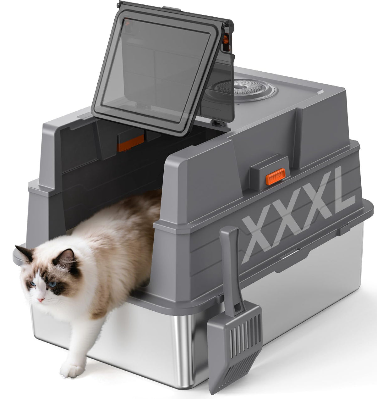 Donlinno caja XXXL con tapa de acero inoxidable, ideal para gatos grandes.
