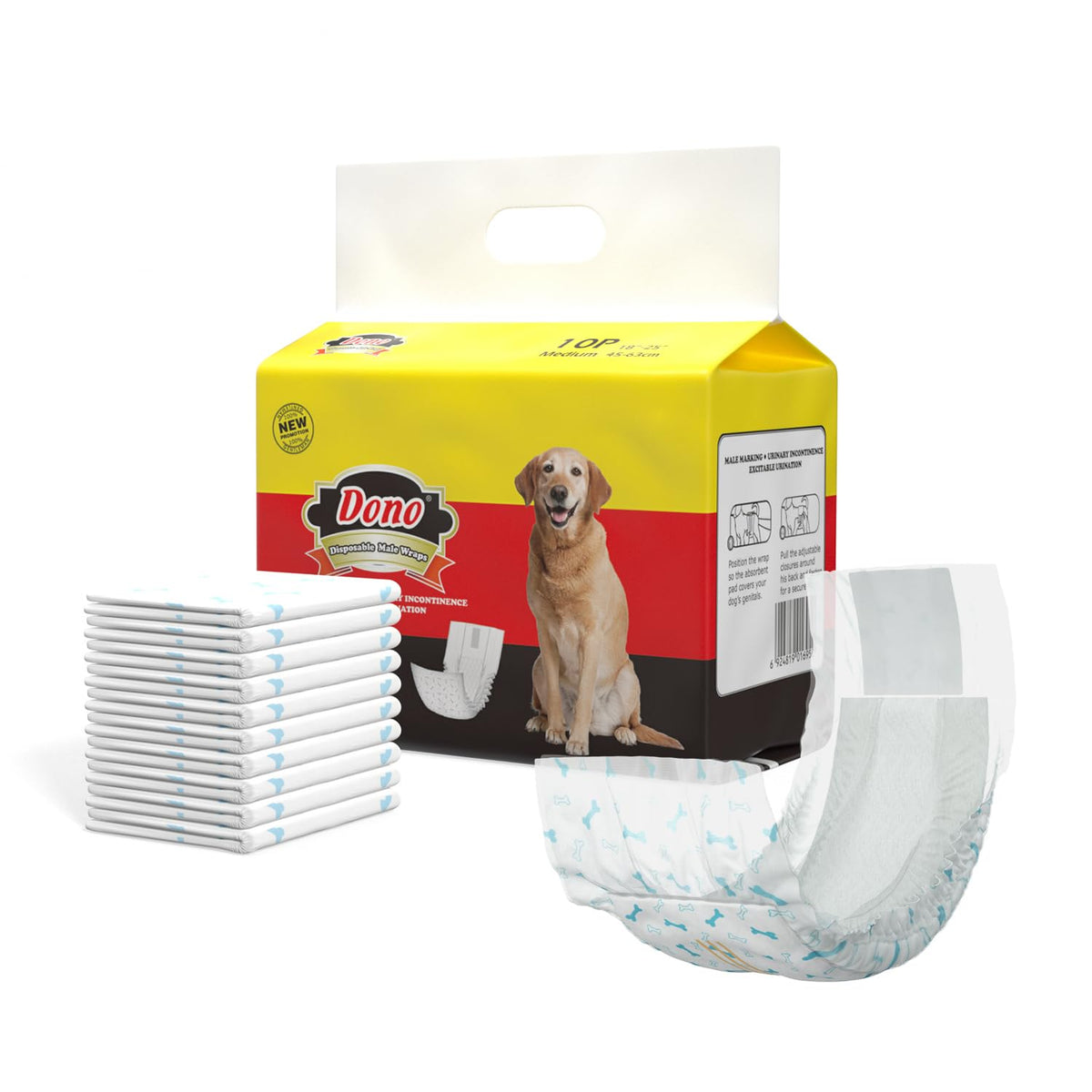 Pañales Dono para perro macho, 16 unidades, útiles para higiene diaria.