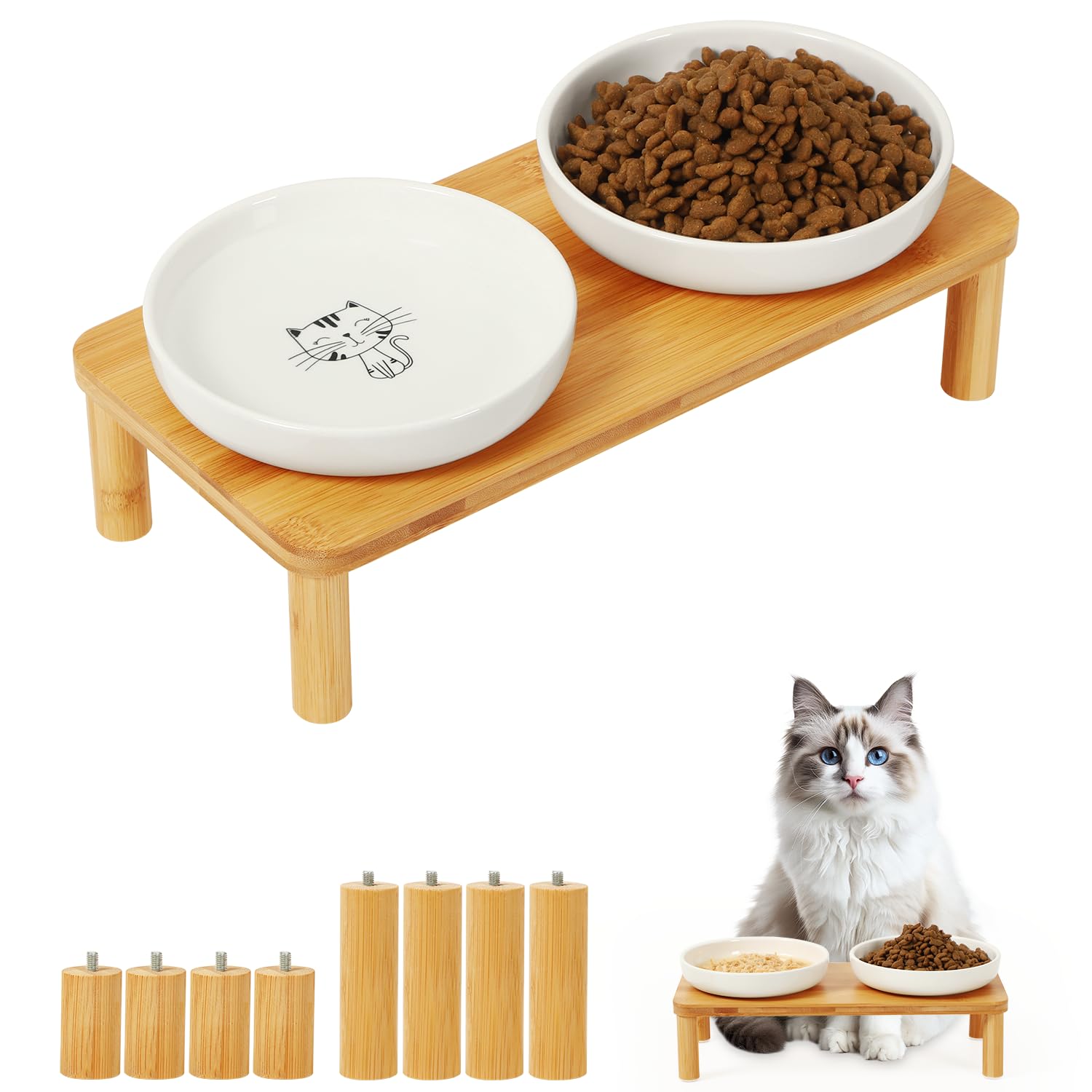DoogCat bandeja alta de bambú, elevación estable para comer.
