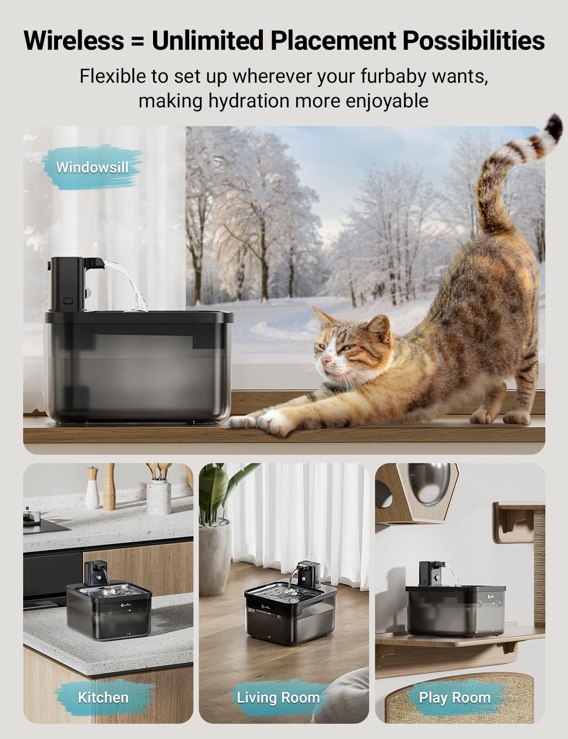 Bebedero DownyPaws con batería larga duración para uso en exteriores.