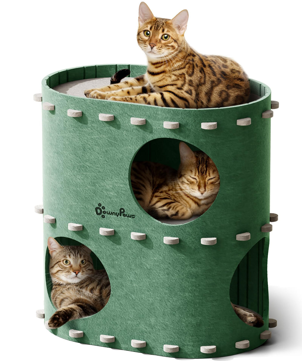 DownyPaws casa para gatos indoor de dos pisos, refugio cómodo para varios felinos.