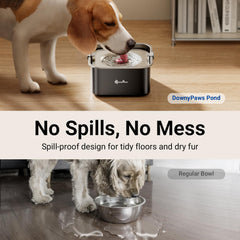 DownyPaws cuenco flujo controlado con disco flotante para evitar salpicaduras.