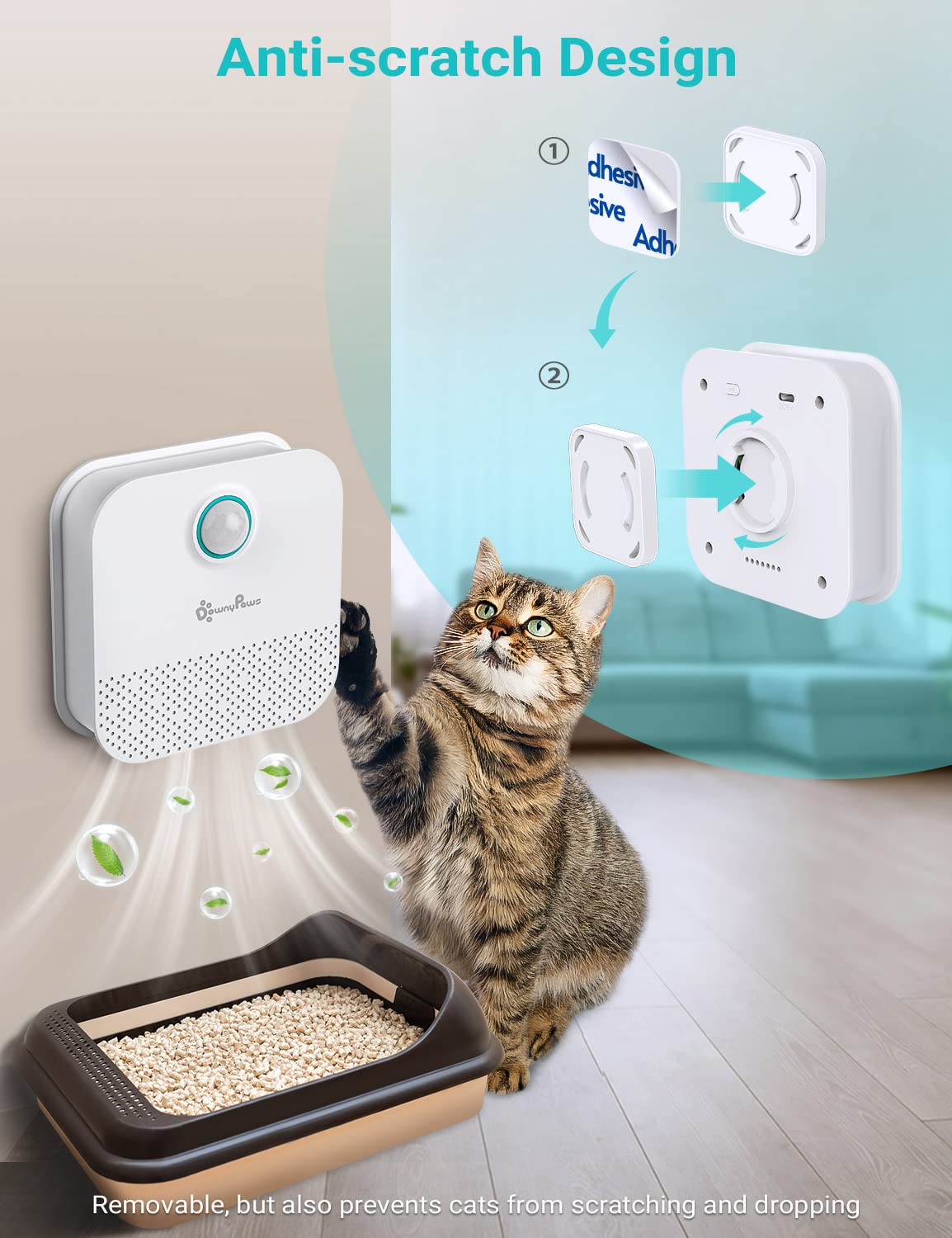 DownyPaws sistema sin polvo para aire más limpio alrededor de la caja de arena.