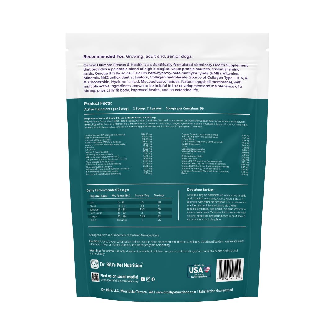 Ingredientes naturales de Dr. Bill's Canine Ultimate Fitness visibles en etiqueta