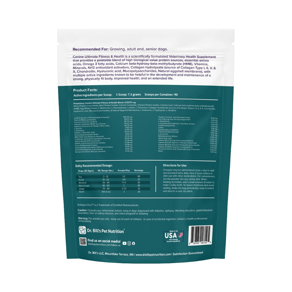 Ingredientes naturales de Dr. Bill's Canine Ultimate Fitness visibles en etiqueta