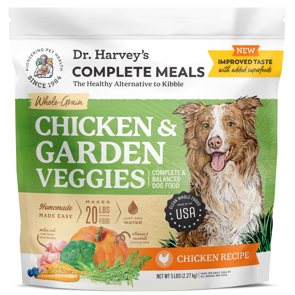 Dr. Harvey's alimento para perros con pollo y vegetales deshidratados para nutrición equilibrada.