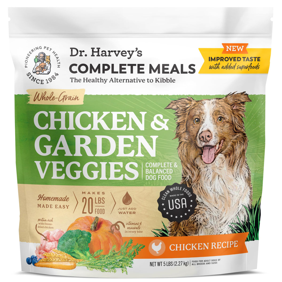 Dr. Harvey's alimento para perros con pollo y vegetales deshidratados para nutrición equilibrada.