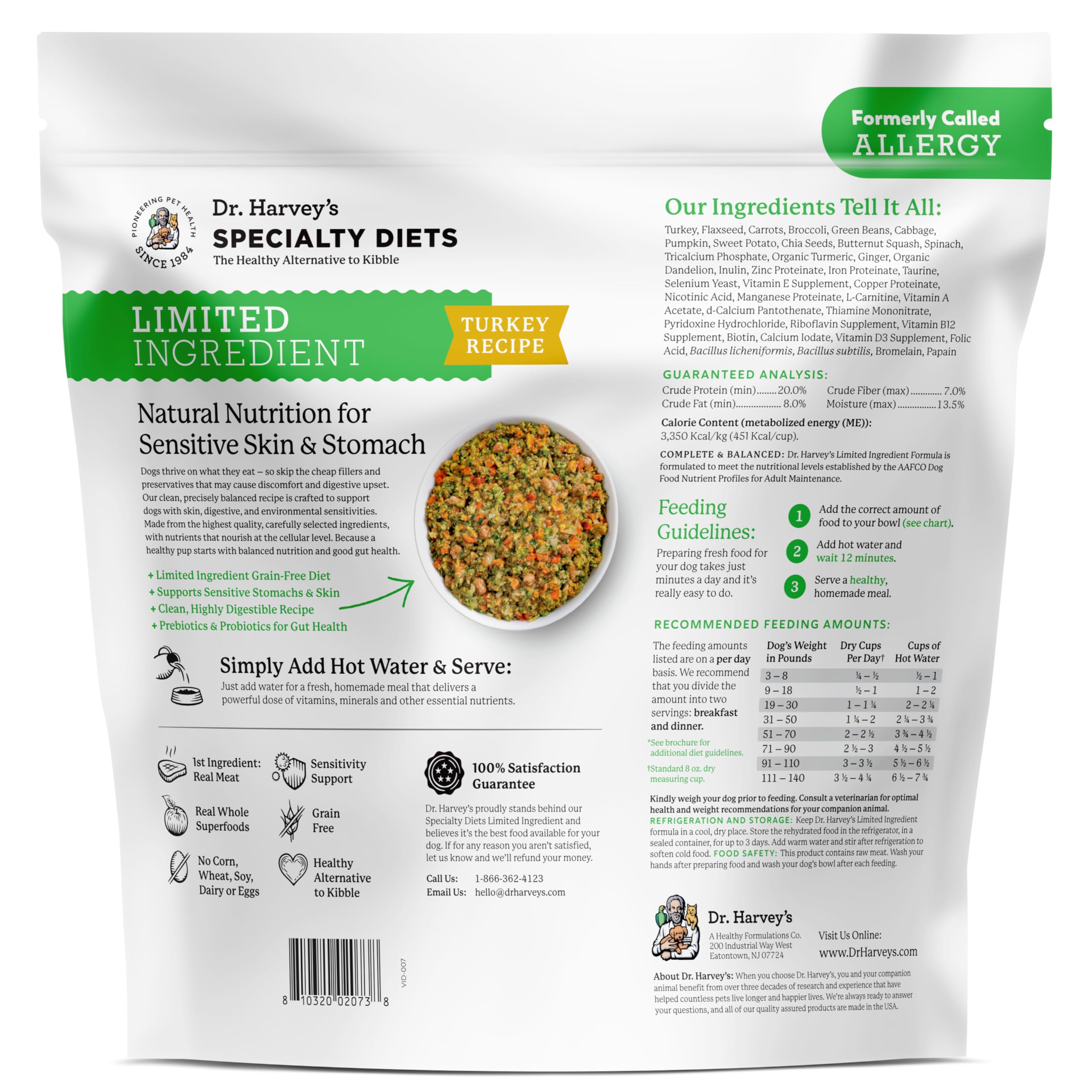 Dr. Harvey's Análisis Nutricional Garantizado: detalles de proteínas, grasas y fibra.