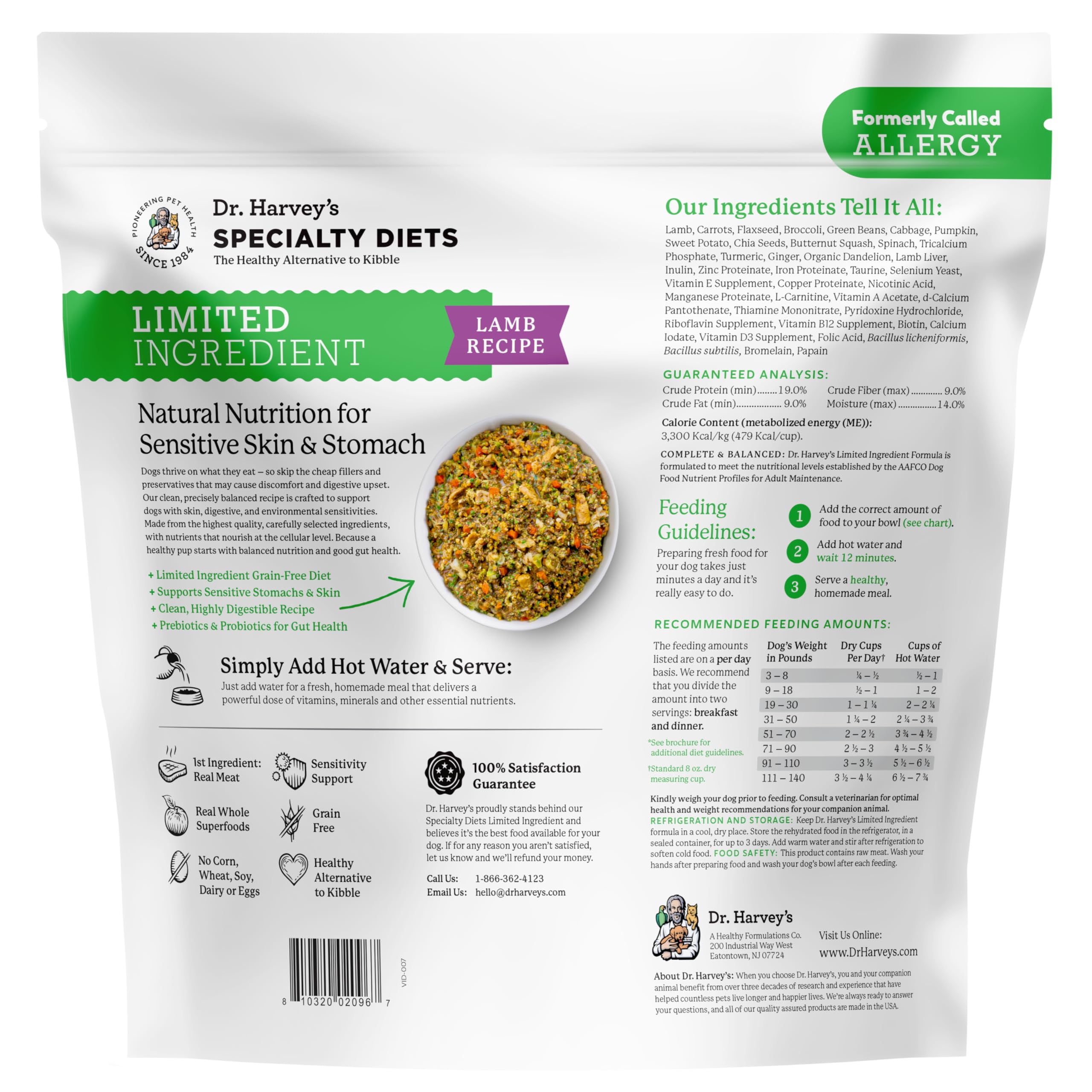 Análisis nutricional de Dr. Harvey's, proteína y fibra balanceadas.