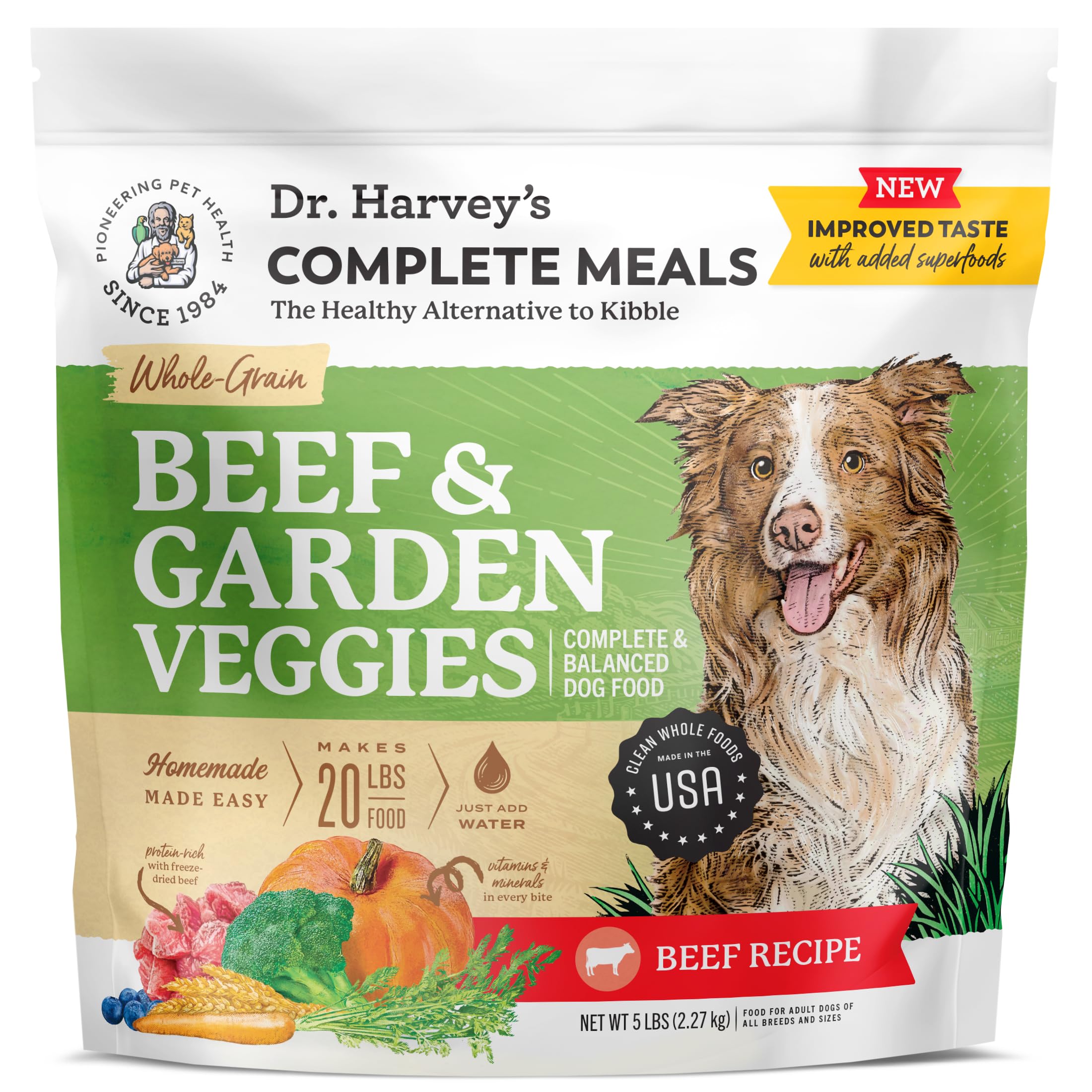 Dr. Harvey's Beef & Garden Veggies, paquete de comida para perros, fuente de carne real.