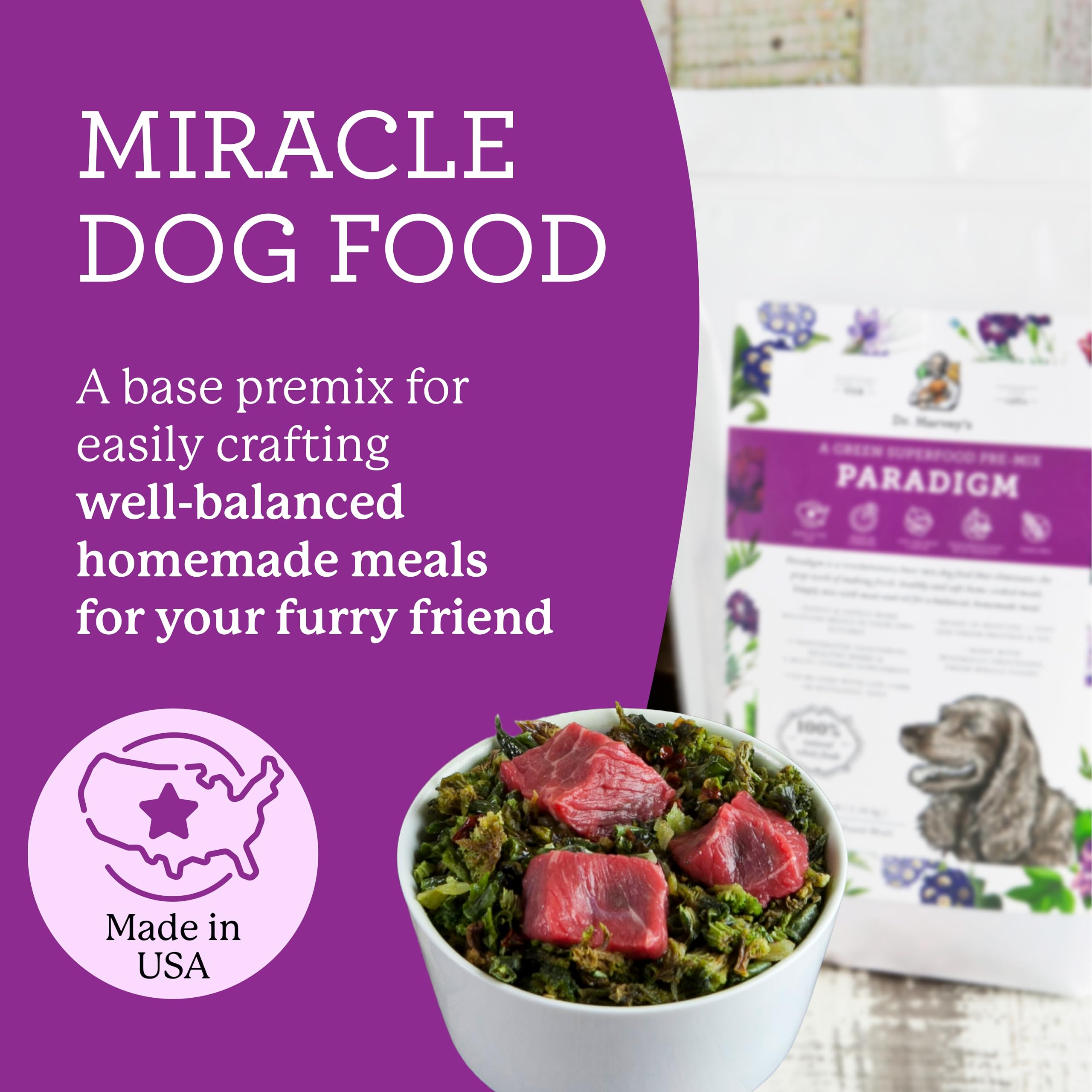 Dr. Harvey's Paradigm Green Superfood con ingredientes deshidratados sin granos para perros.