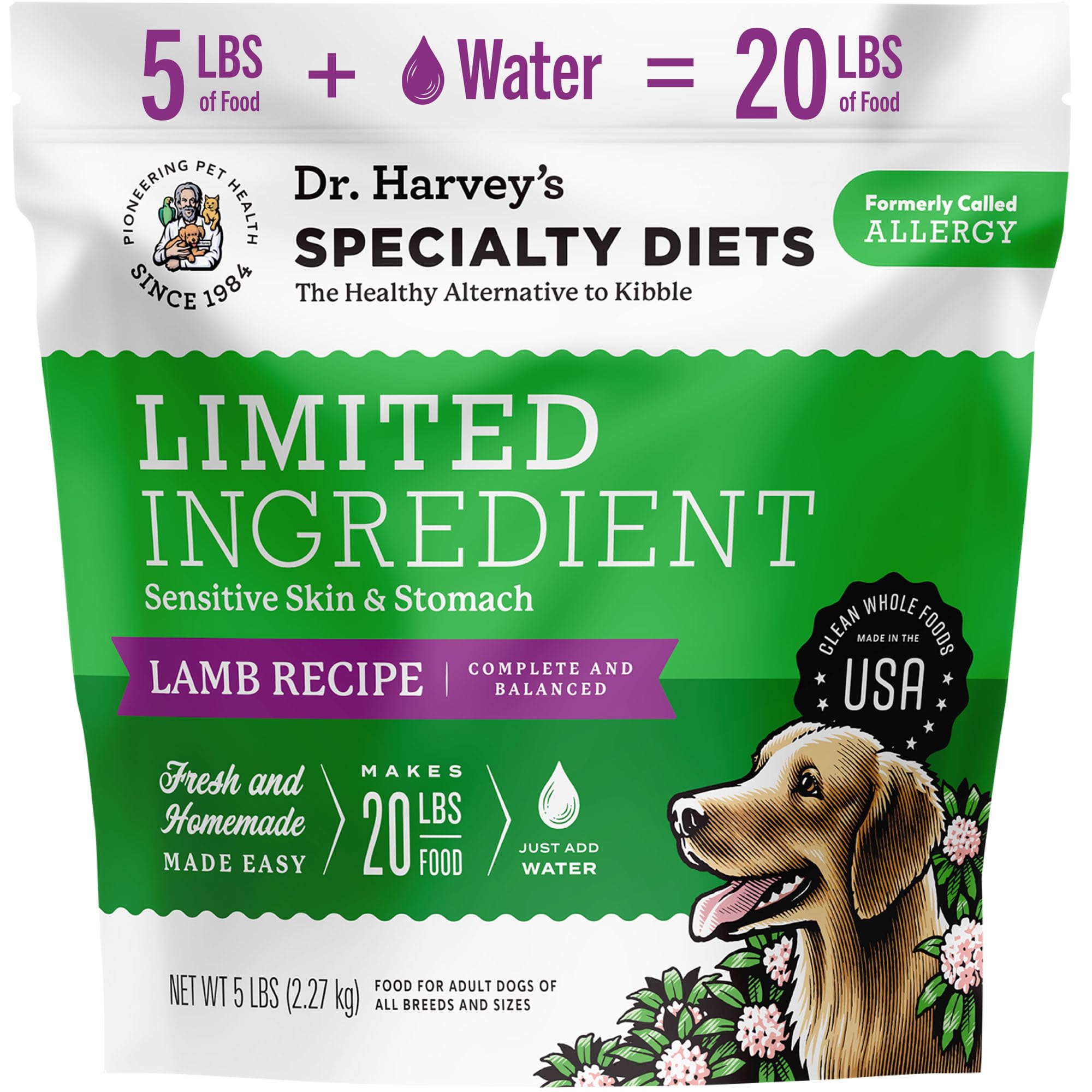 Dr. Harvey's receto de cordero para perros sensibles, empaque destacado.