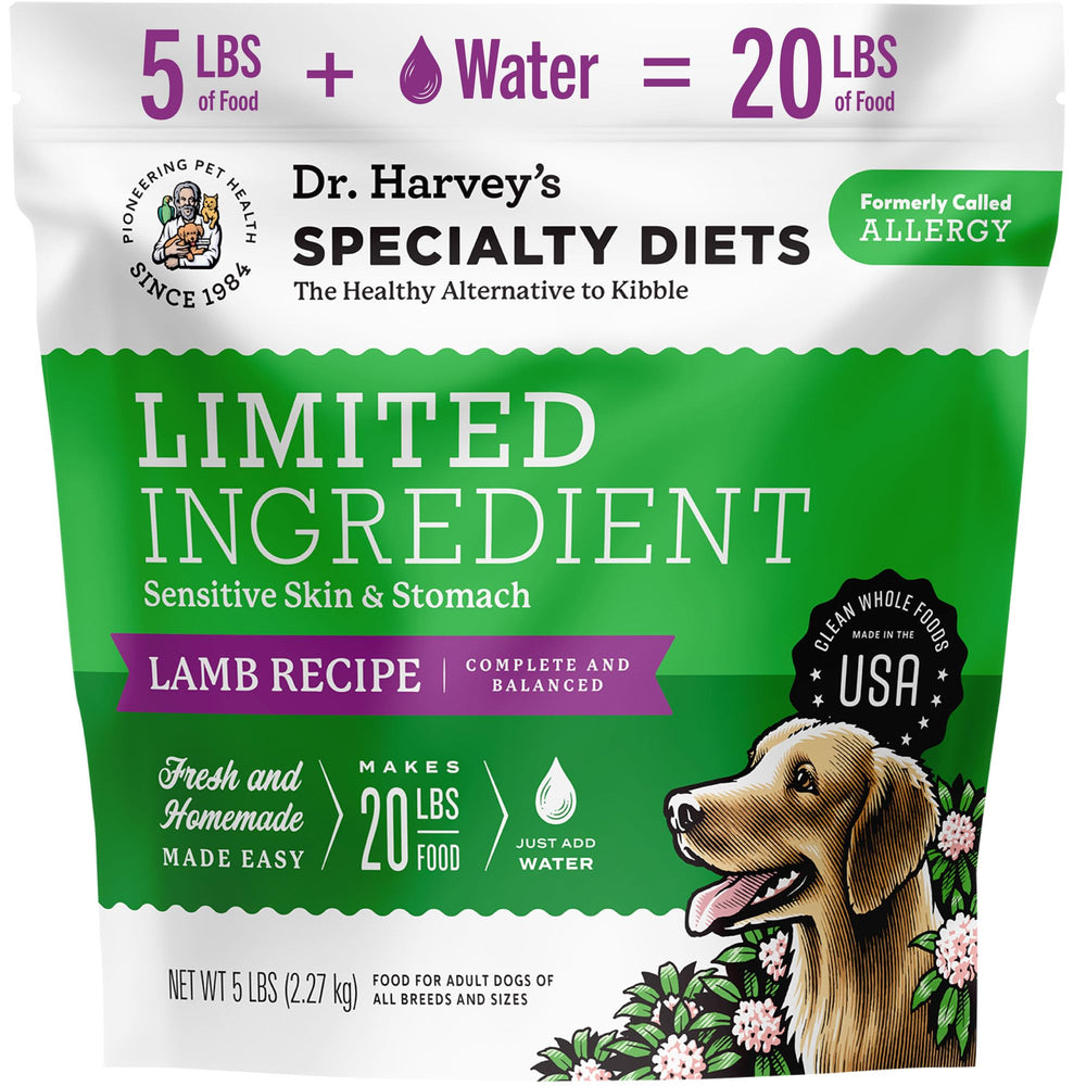 Dr. Harvey's receto de cordero para perros sensibles, empaque destacado.