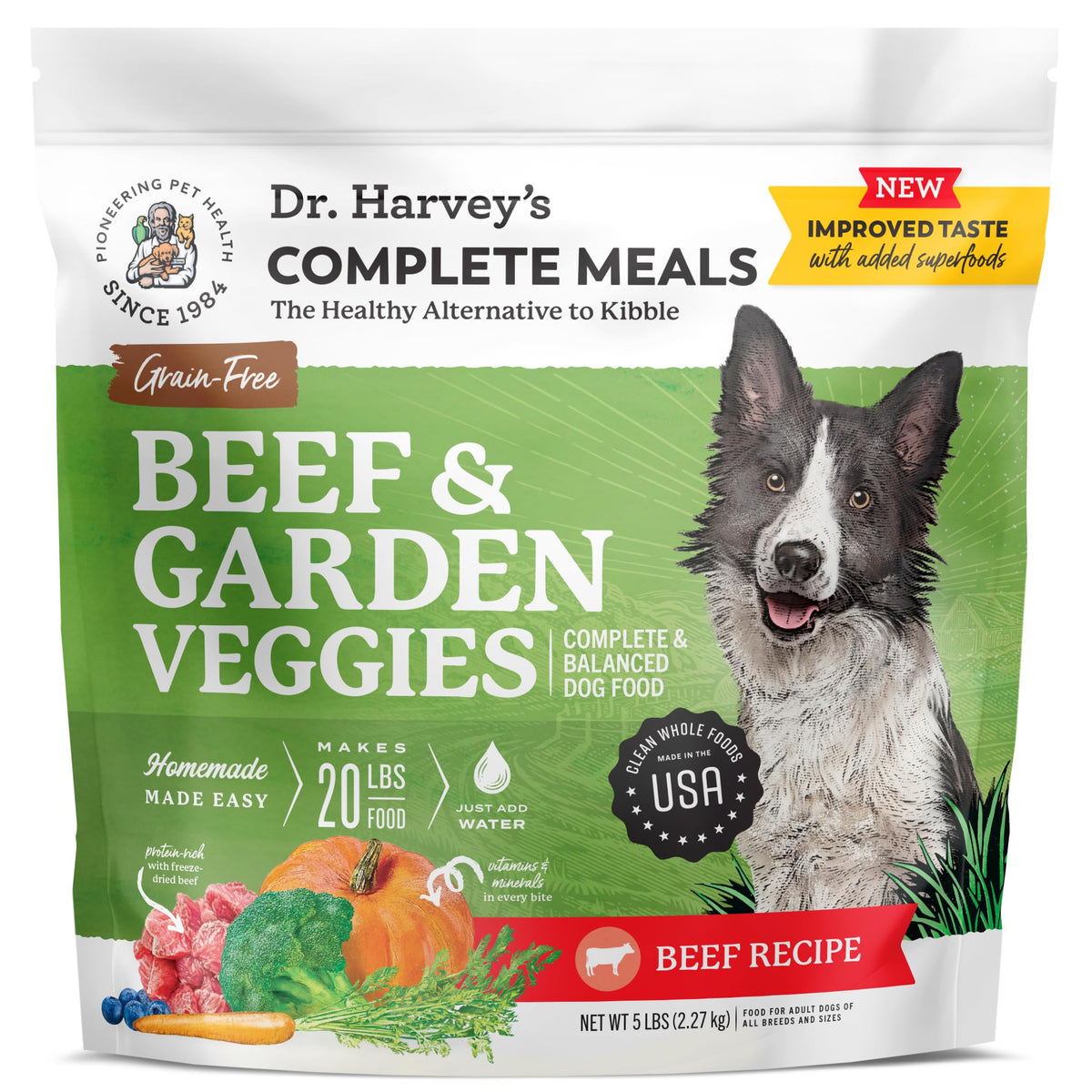 Dr. Harvey's res y verduras deshidratadas: proteína real para una comida completa.