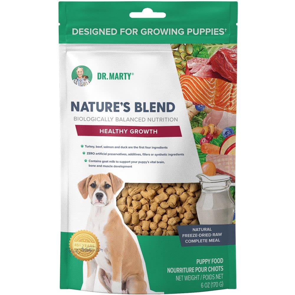 Dr. Marty Mezcla de la Naturaleza para cachorros, alimento crudo liofilizado que apoya movilidad y energía diaria.