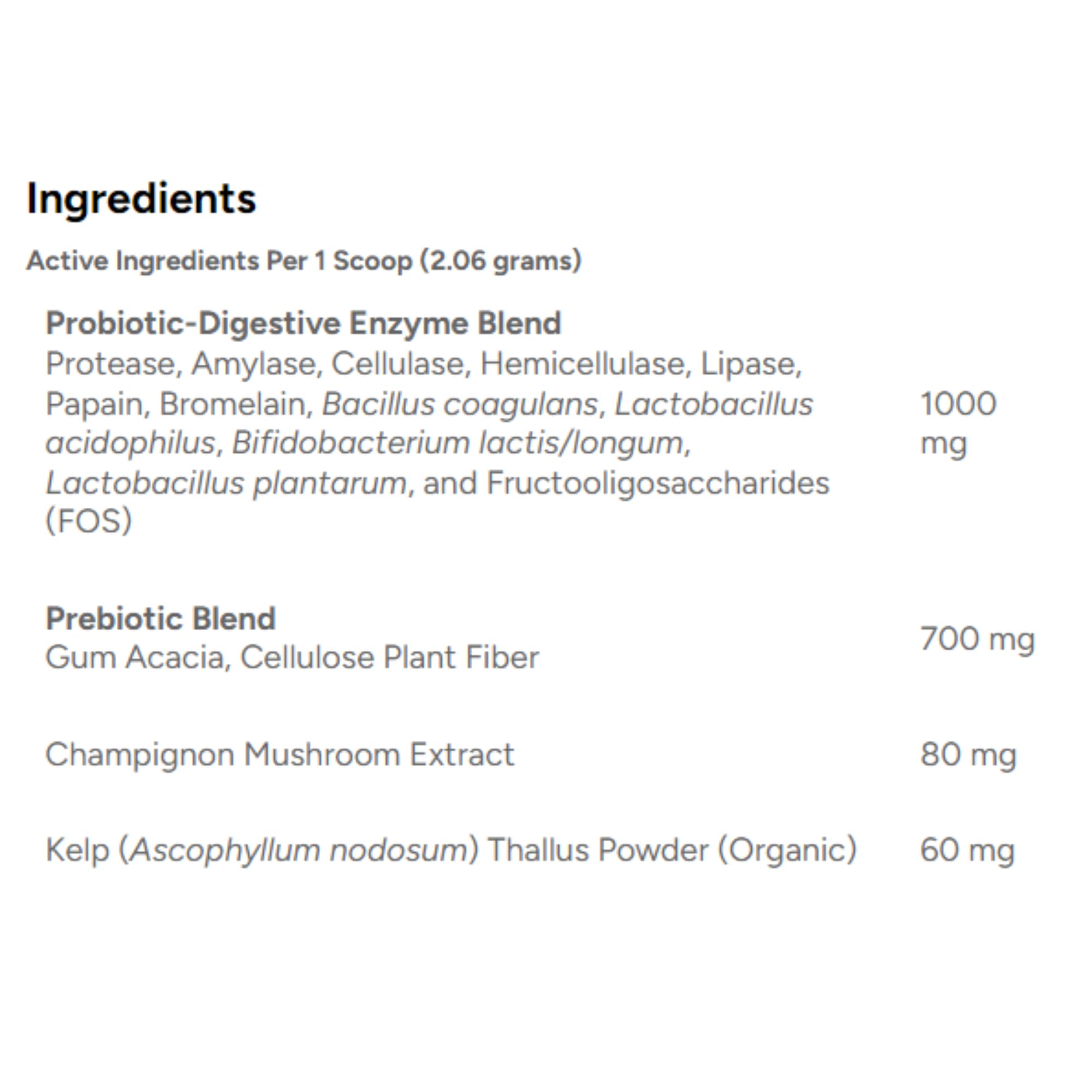 Topper sin sabor para comida con Dr. Marty ProPower Plus; beneficio potencial para la salud bucal y digestión.