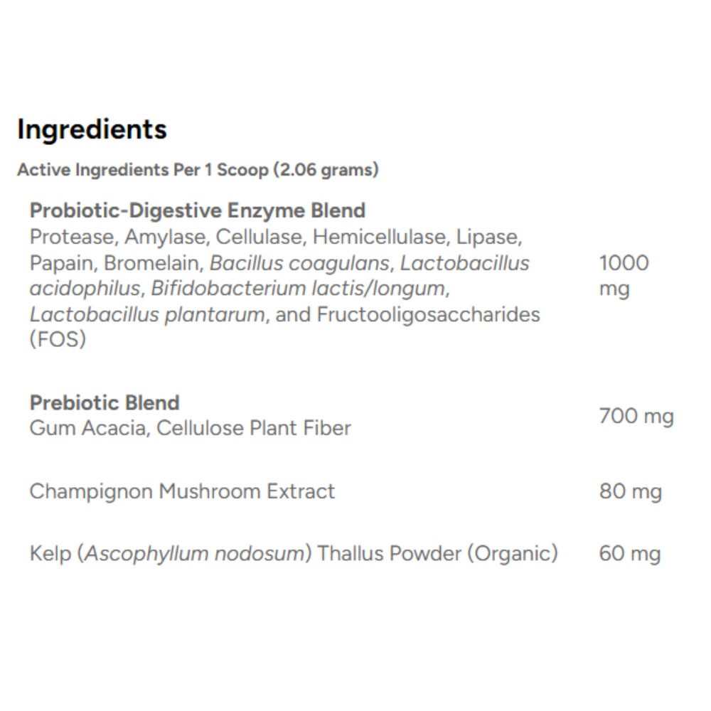 Topper sin sabor para comida con Dr. Marty ProPower Plus; beneficio potencial para la salud bucal y digestión.