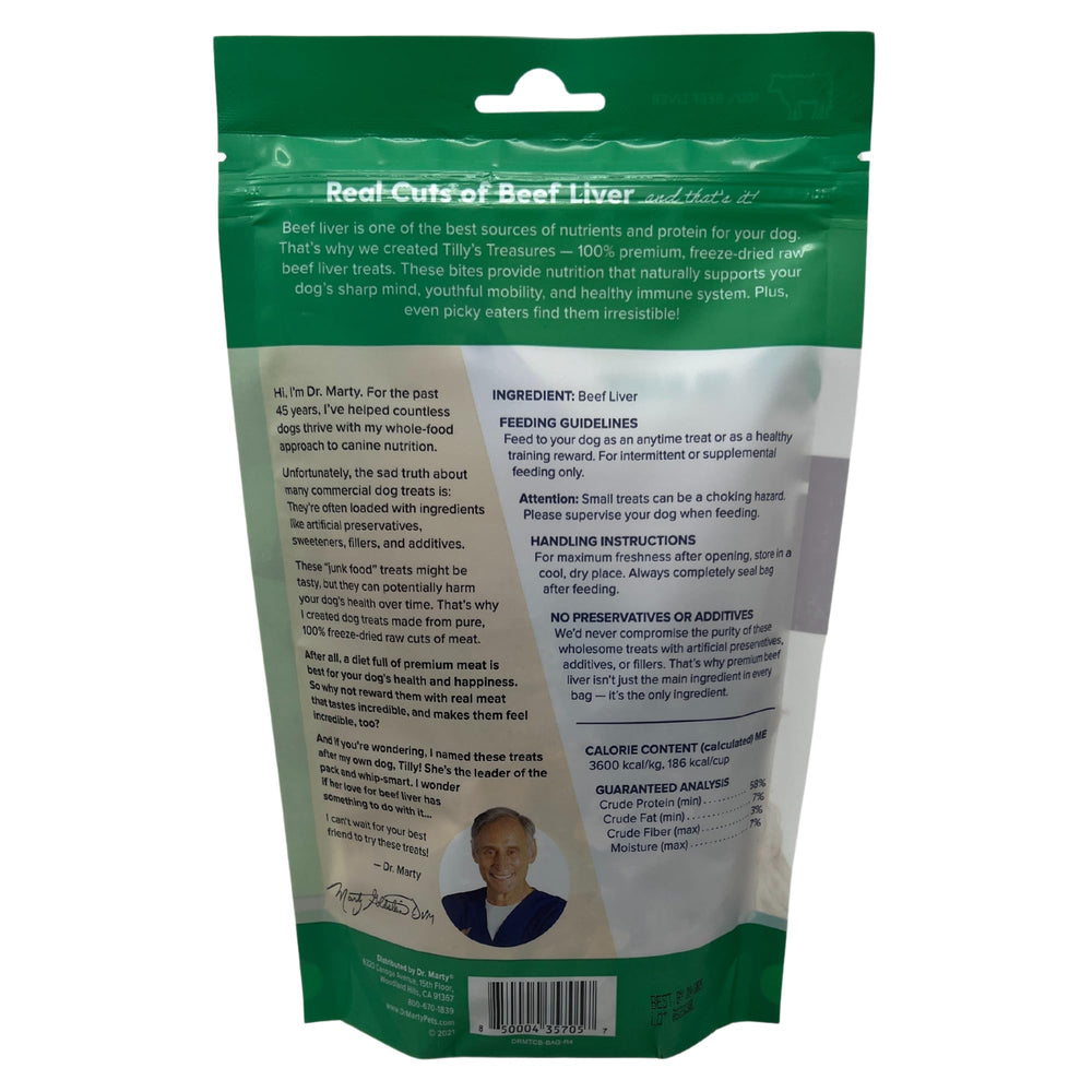 Dr. Marty Tilly's Treasures higado liofilizado para perro, snack sabroso para premiar durante entrenamiento.