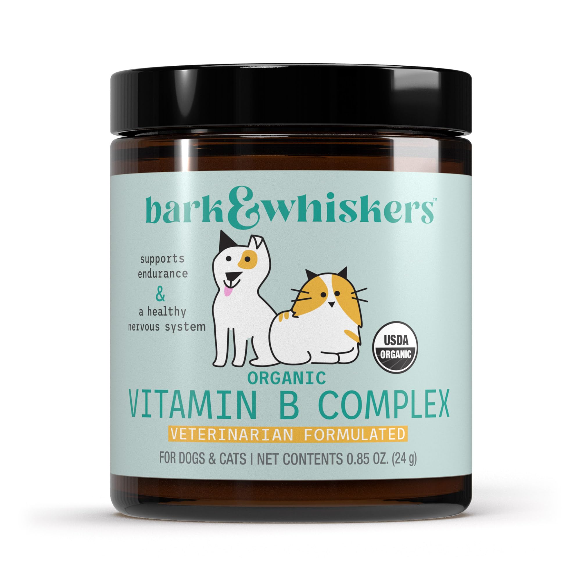 Dr. Mercola Bark & Whiskers botella con etiqueta, apoyo a energía diaria de mascotas.