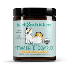Dr. Mercola Bark & Whiskers botella con etiqueta, apoyo a energía diaria de mascotas.