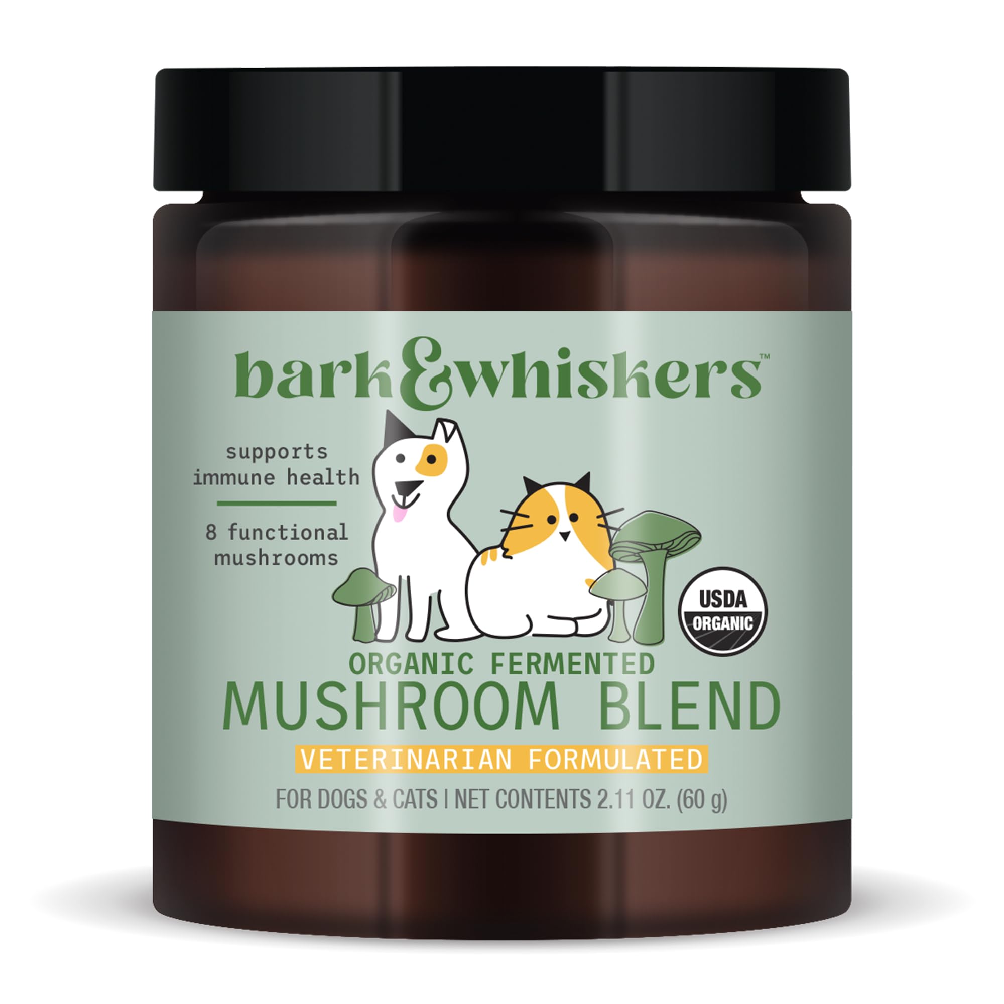 Dr. Mercola Bark Whiskers frasco de polvo fermentado para mascotas, posible soporte inmunológico.