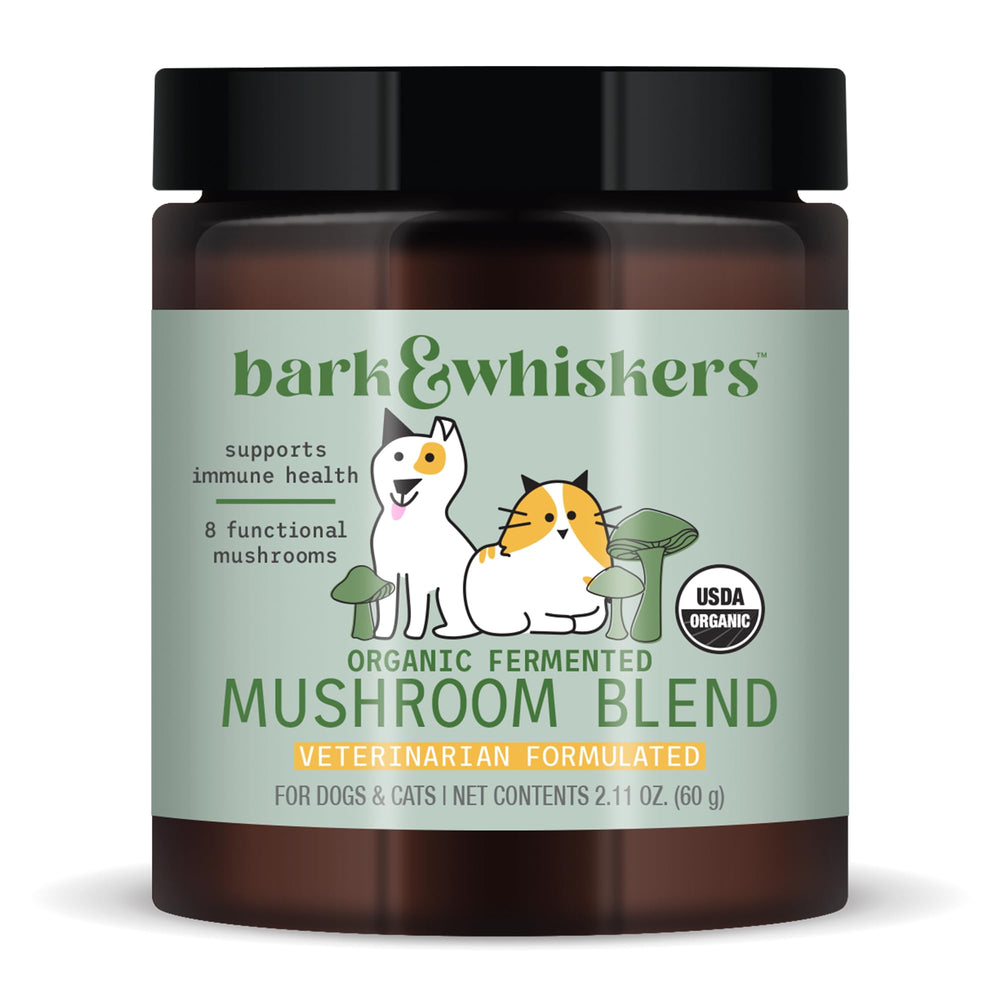 Dr. Mercola Bark Whiskers frasco de polvo fermentado para mascotas, posible soporte inmunológico.