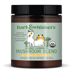 Dr. Mercola Bark Whiskers frasco de polvo fermentado para mascotas, posible soporte inmunológico.