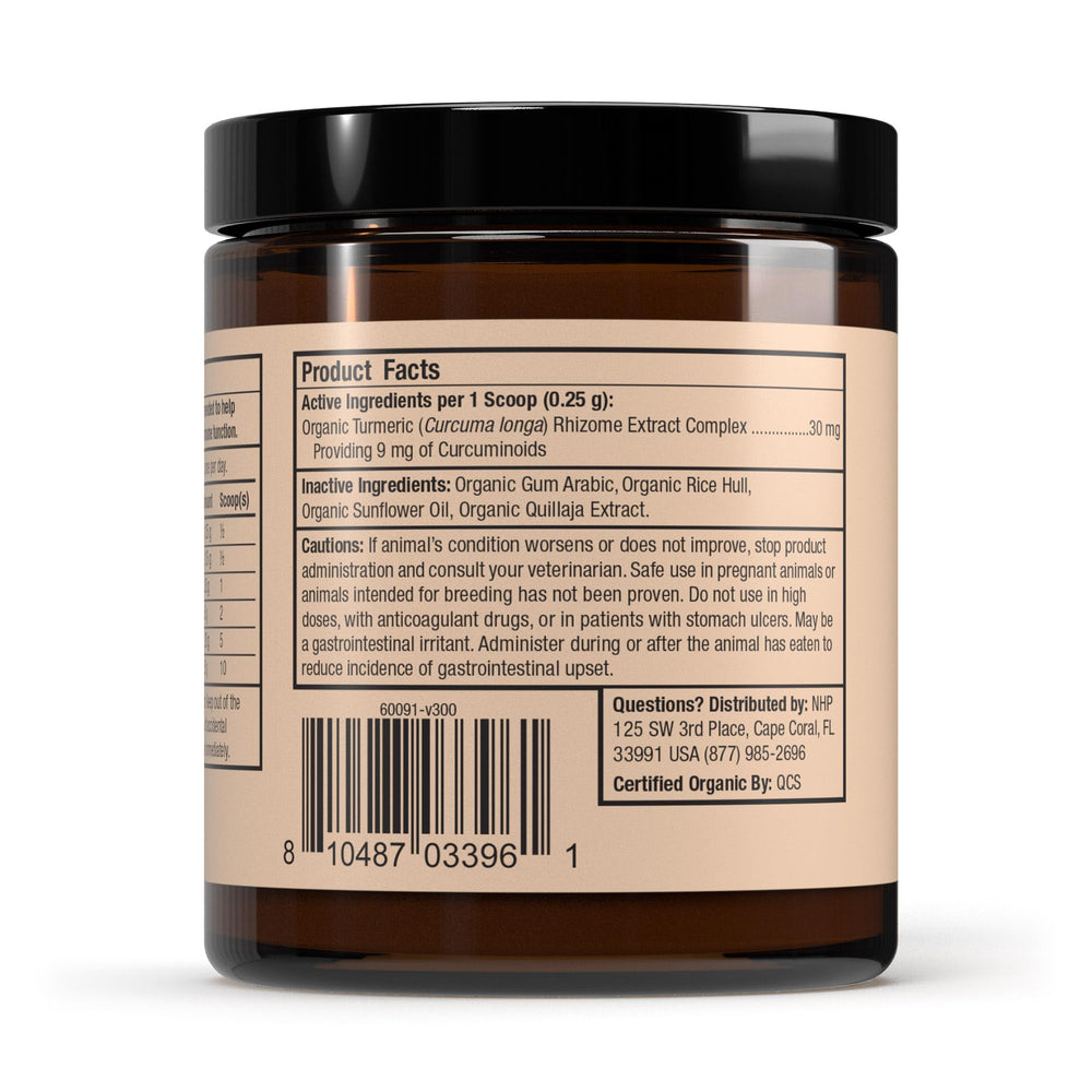 Etiqueta orgánica de Bark & Whiskers Curcumin para mascotas certificada USDA.