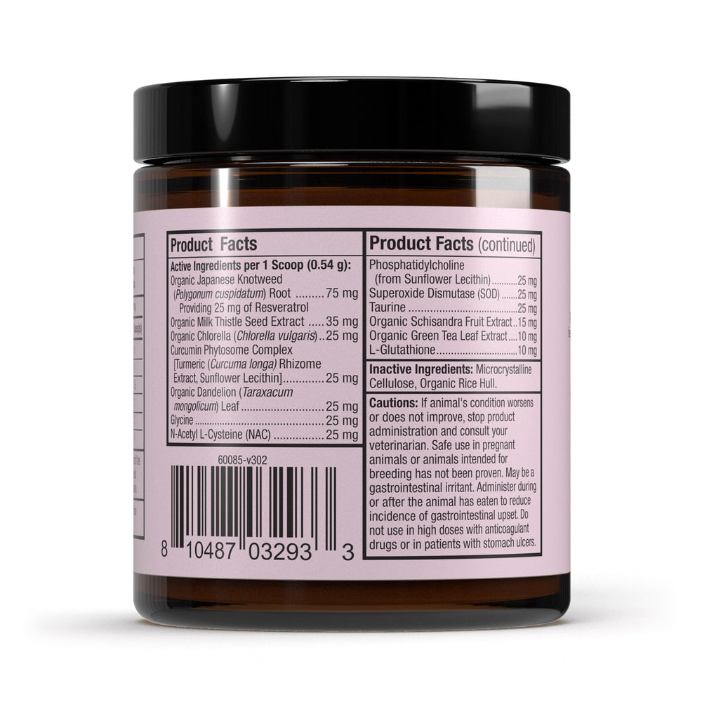 Dr. Mercola Bark & Whiskers Detox, botella trasera, fórmula herbal para detox diaria.