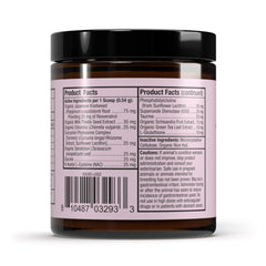Dr. Mercola Bark & Whiskers Detox, botella trasera, fórmula herbal para detox diaria.